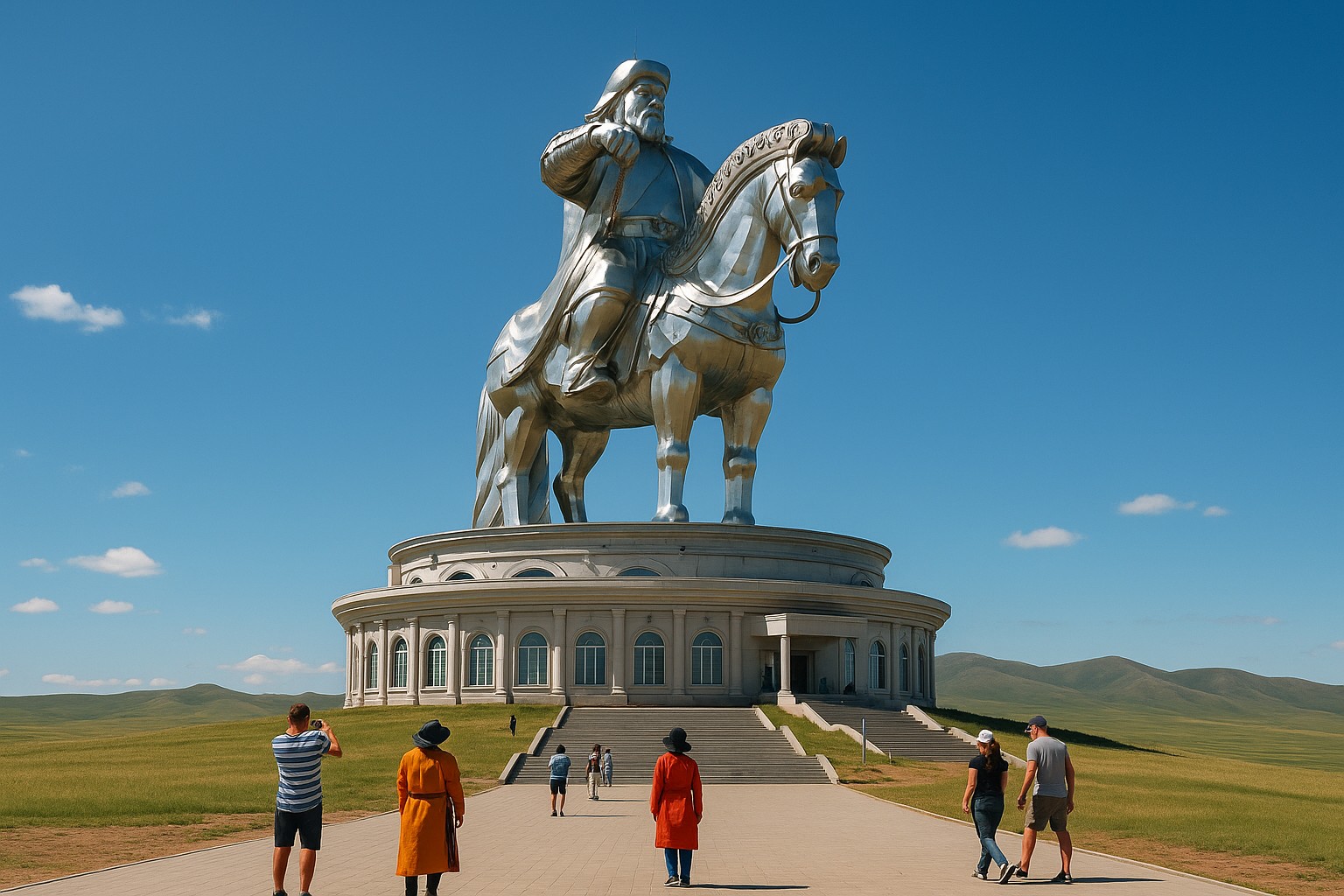 Das monumentale Reiterstandbild von Dschingis Khan erhebt sich glänzend aus Edelstahl auf einem weißen Rundbau, während Besucher winzig davorstehen, um die gewaltige Dimension zu verdeutlichen.