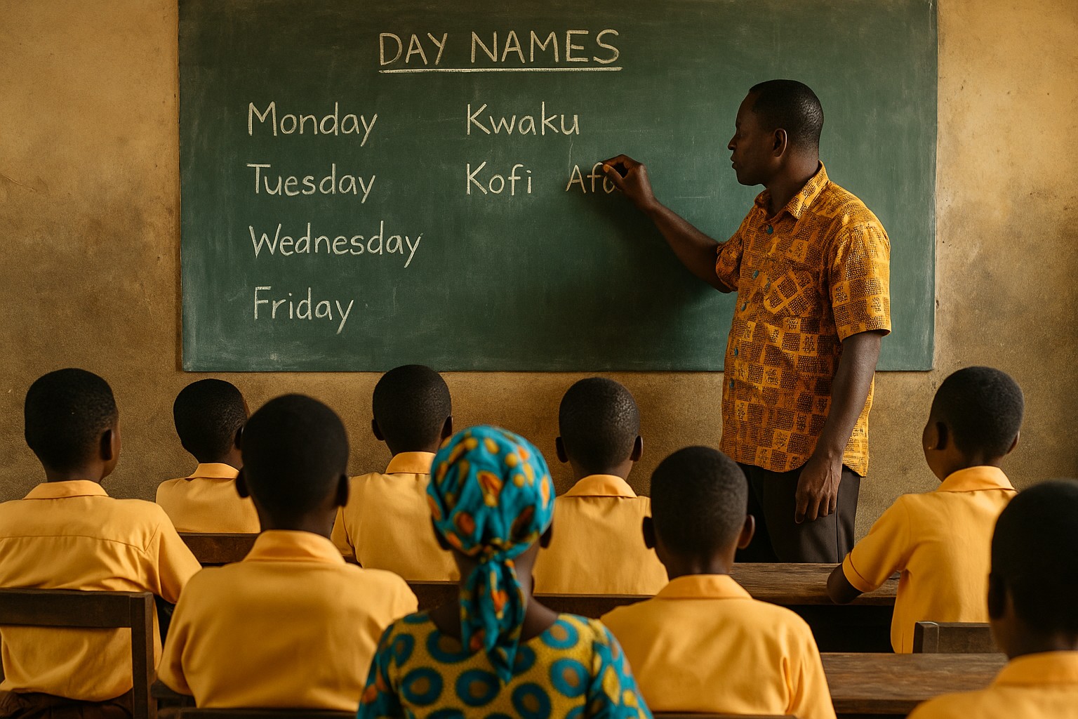 Ein ghanaisches Klassenzimmer, in dem ein Lehrer vor einer Schultafel steht, auf der „Day Names“ mit Beispielen wie Kojo, Adwoa, Kwaku, Akua, Kofi, Afua und Yaa steht. Die Kinder sitzen aufmerksam in Schuluniformen auf Holzbänken und schauen alle direkt zur Tafel.