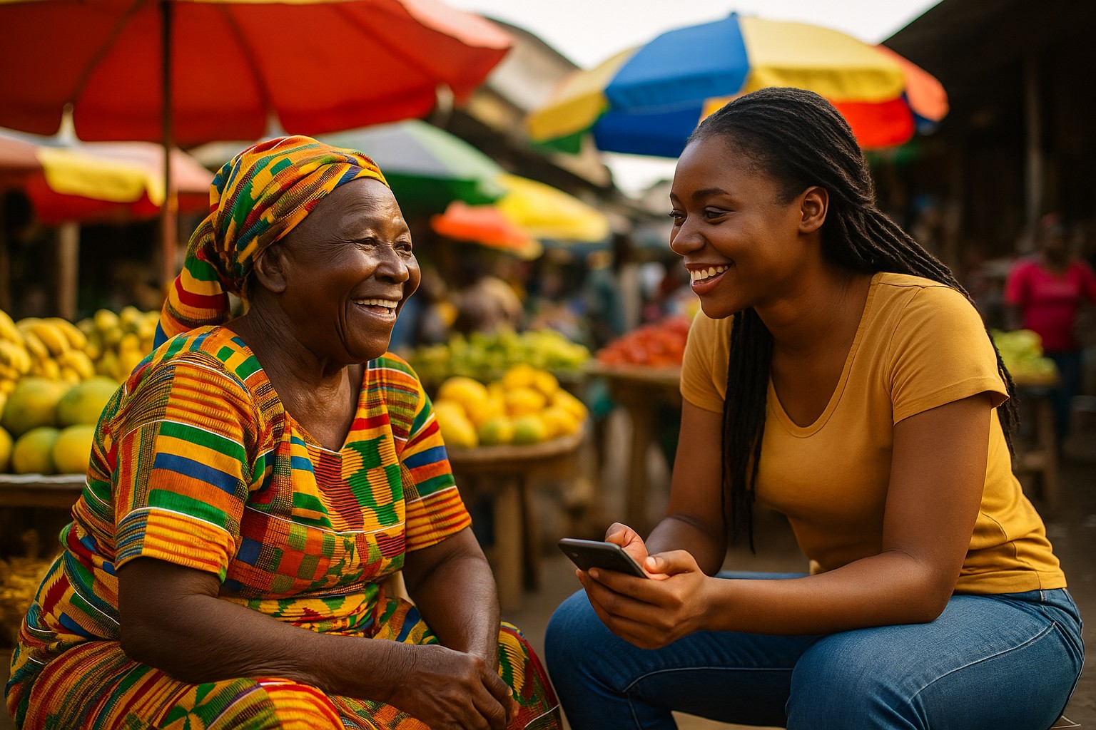 Eine ältere ghanaische Frau in bunter Kente-Kleidung lacht herzlich, während sie mit einer jungen Frau in moderner Kleidung spricht, die ein Smartphone in der Hand hält. Im Hintergrund sind Marktstände mit Früchten und bunte Sonnenschirme zu sehen.
