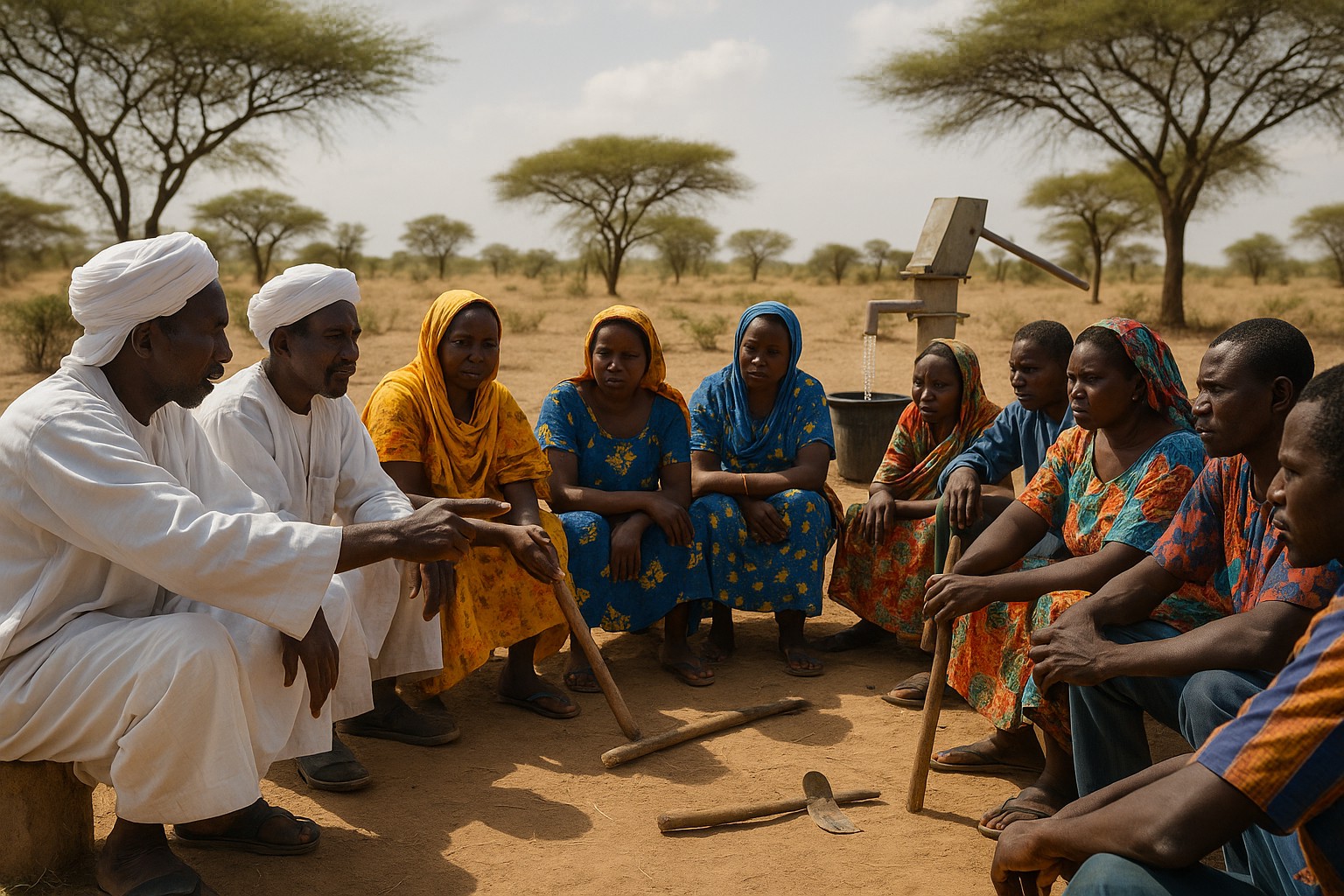 Eine Gruppe von Menschen aus dem Tschad sitzt in einem Kreis um eine Gemeinschaftswasserpumpe in einer Savannenlandschaft. Zwei Männer in weißen Jalabiyas und Turbanen sprechen mit Frauen und Männern in farbenfroher traditioneller Kleidung, während einfache Werkzeuge wie Hacken und Stöcke auf dem Boden liegen.
