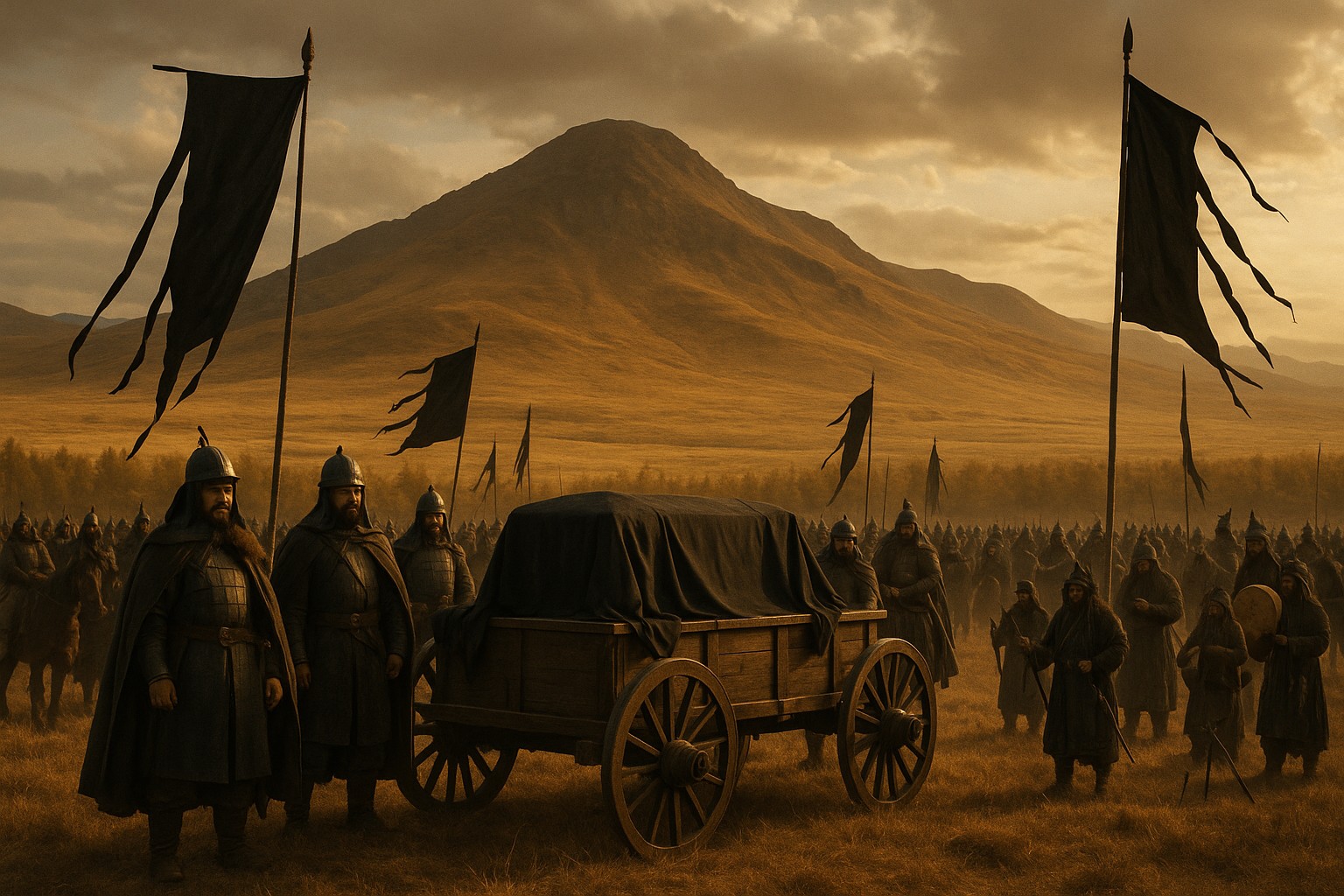 Historische Darstellung einer mongolischen Beerdigungsprozession 1227, mit einem von schwarzem Tuch bedeckten Sargwagen, umgeben von Kriegern in traditioneller Rüstung und schwarzen Bannern, am Fuße des Burkhan Khaldun.