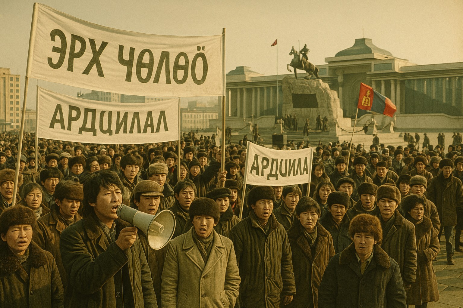 Menschenmenge während der Proteste in Ulaanbaatar 1990: Junge Mongolen mit Transparenten und einem Megafon fordern „Freiheit“ und „Demokratie“, im Hintergrund das Parlamentsgebäude und das Dschingis-Khan-Denkmal.