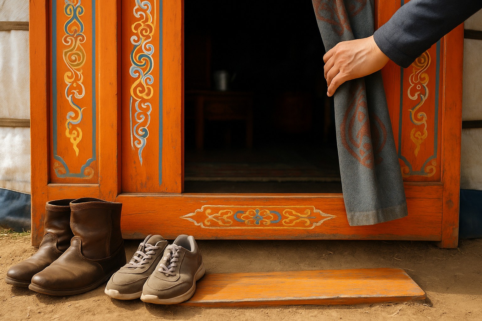Die verzierte Schwelle einer mongolischen Jurte mit traditionell bemalten Mustern, daneben stehen Lederstiefel und moderne Turnschuhe, während eine Hand den Vorhang respektvoll zur Seite zieht.