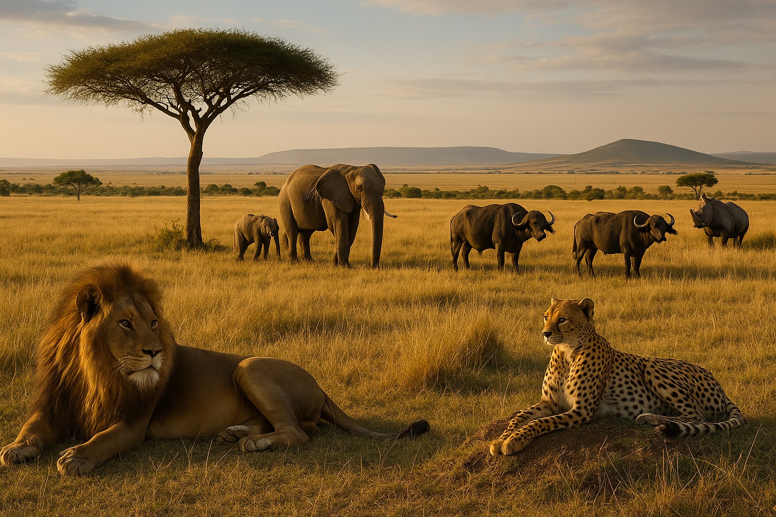 Eine Savannenszene in der Maasai Mara bei Sonnenuntergang zeigt die „Big Five“: Ein Löwe und ein Gepard im Vordergrund, Elefanten und Büffel in der Mitte sowie ein Nashorn im Hintergrund.