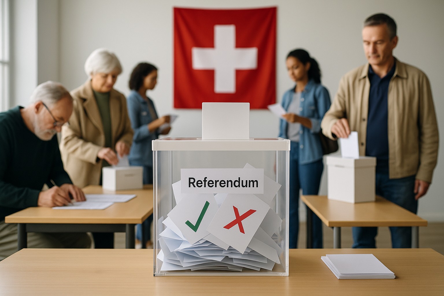 Eine hochauflösende Fotografie zeigt Schweizer Bürger in einem Wahllokal, die ihre Stimmen in transparente Urnen mit Zetteln einwerfen. Im Hintergrund hängt die Schweizer Flagge an der Wand.