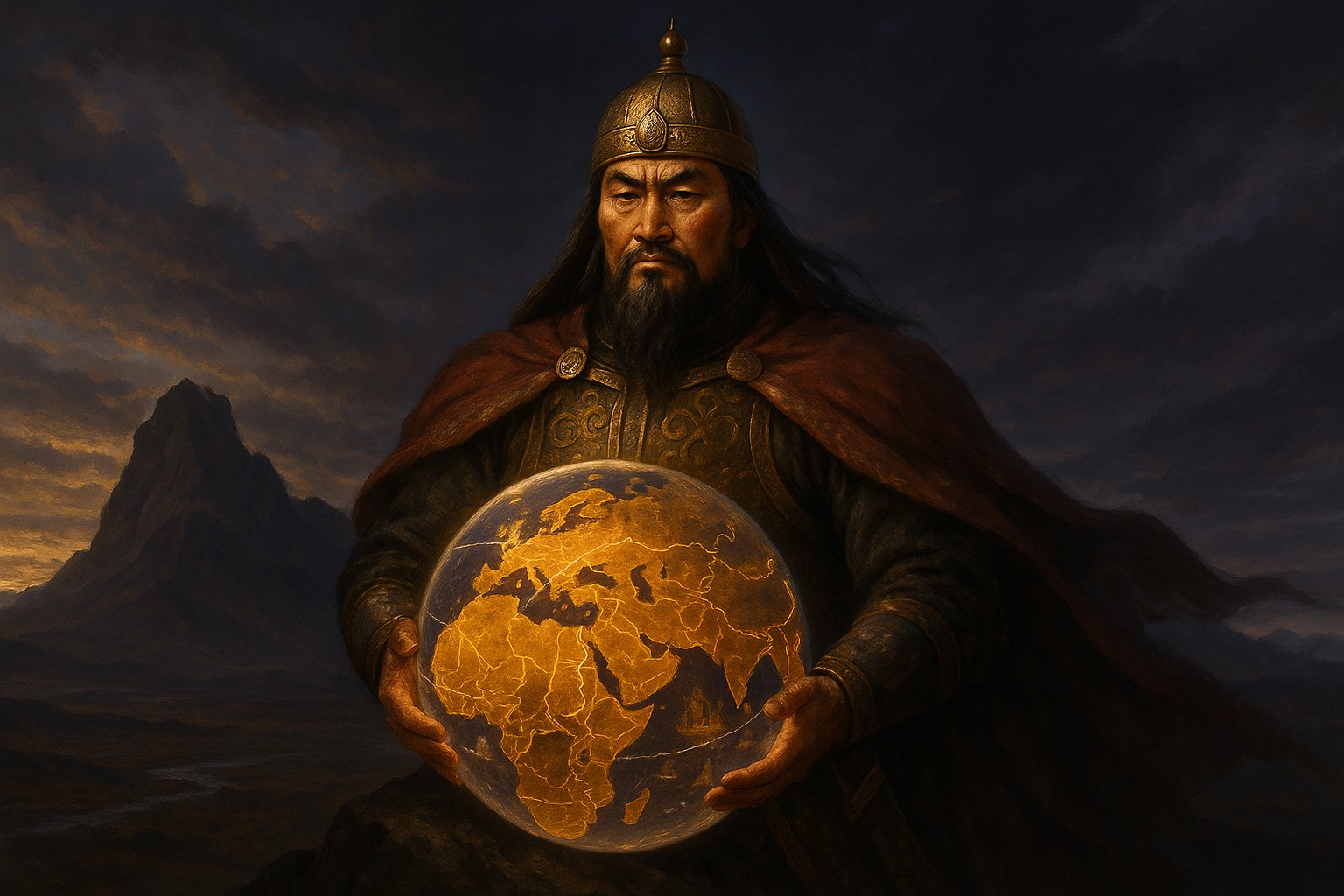 Ein digitales Gemälde zeigt Dschingis Khan auf einem Berggipfel bei Sonnenuntergang, wie er eine leuchtende goldene Weltkugel in den Händen hält. Der Himmel ist dramatisch bewölkt, und die Szene wirkt ehrfürchtig und symbolträchtig.