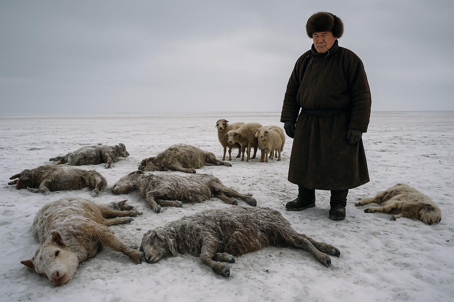 Ein mongolischer Hirte steht in der verschneiten Steppe neben mehreren gefrorenen Kadavern von Schafen und Ziegen, während einige wenige überlebende Tiere schwach im Hintergrund zusammenstehen.
