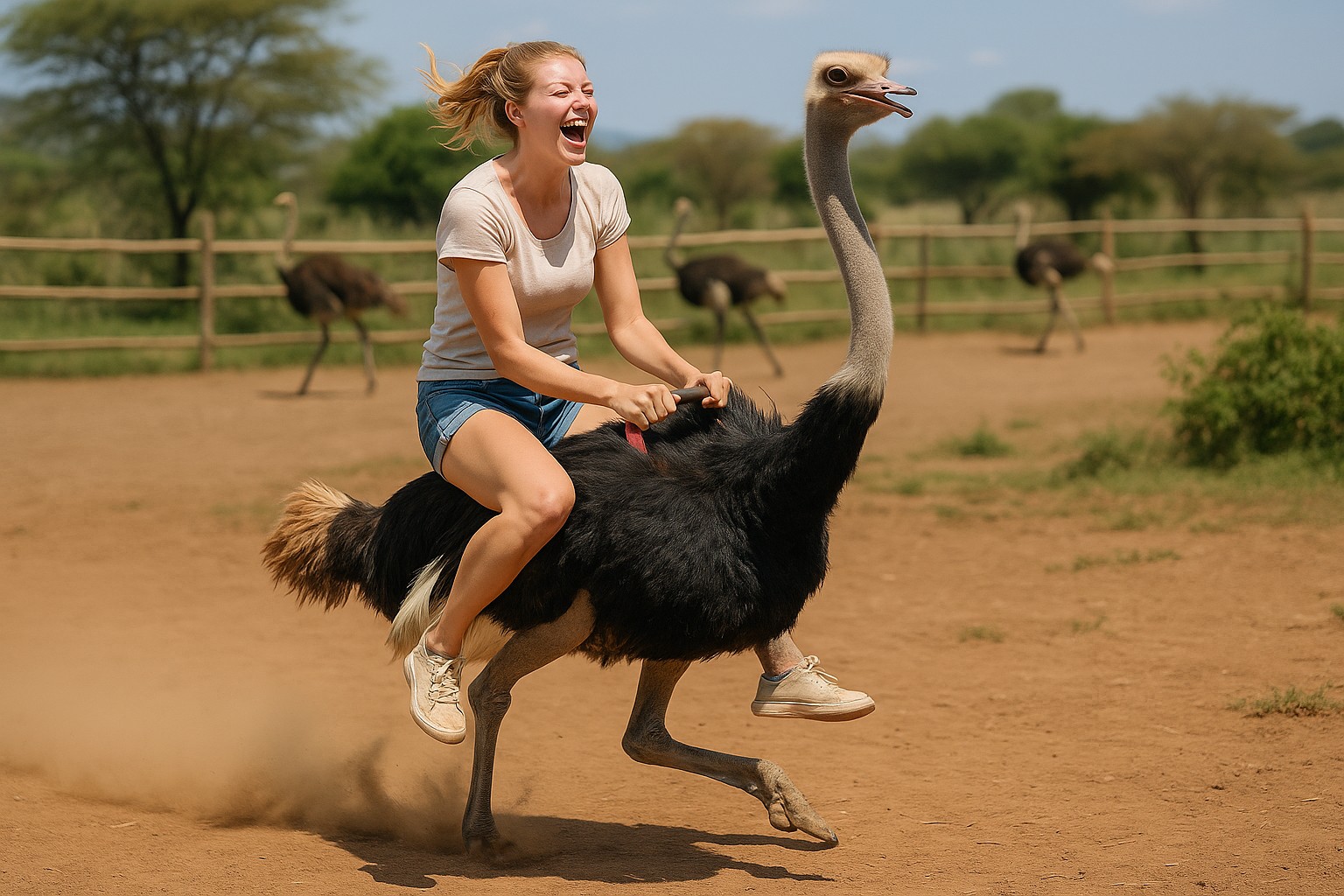 Eine junge Touristin lacht laut, während sie auf einer rennenden Strauß über einen staubigen Weg in einer kenianischen Straußenfarm reitet.