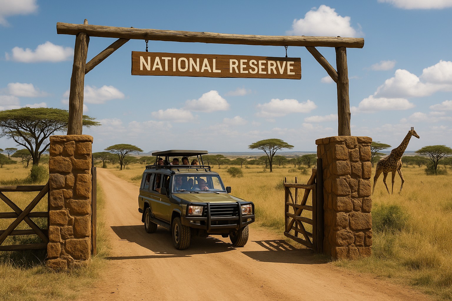 Eingangstor eines kenianischen Nationalparks aus Holz und Stein, durch das ein Safari-Geländewagen mit Touristen fährt, während im Hintergrund eine Giraffe in der Savanne neben Akazienbäumen steht.