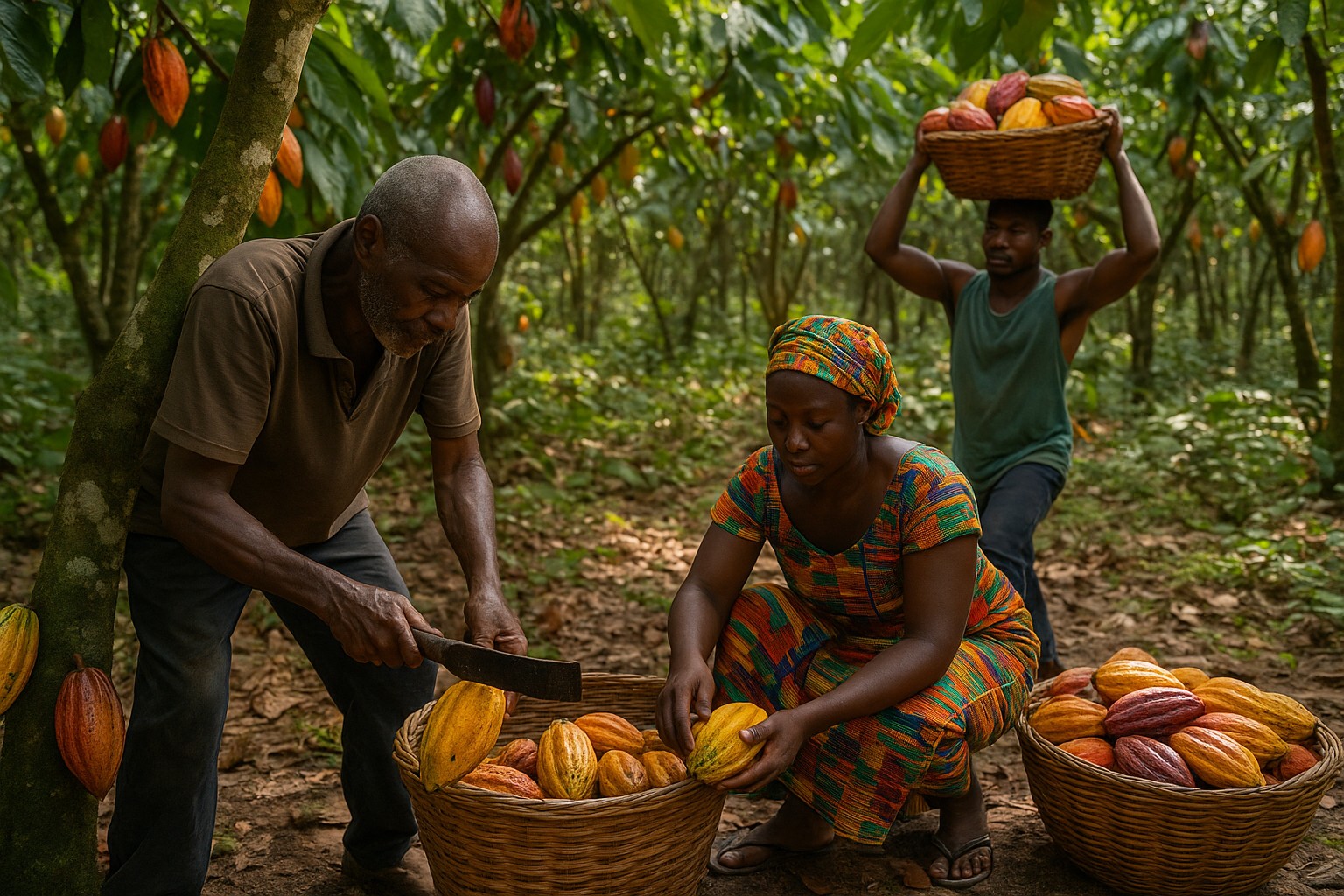 Drei ghanaische Kakaobauern arbeiten auf einer Plantage: Ein älterer Mann schneidet eine Frucht vom Baum, eine Frau in bunter Kente-Kleidung füllt sorgfältig einen Korb, und ein junger Mann trägt einen vollen Korb auf der Schulter.