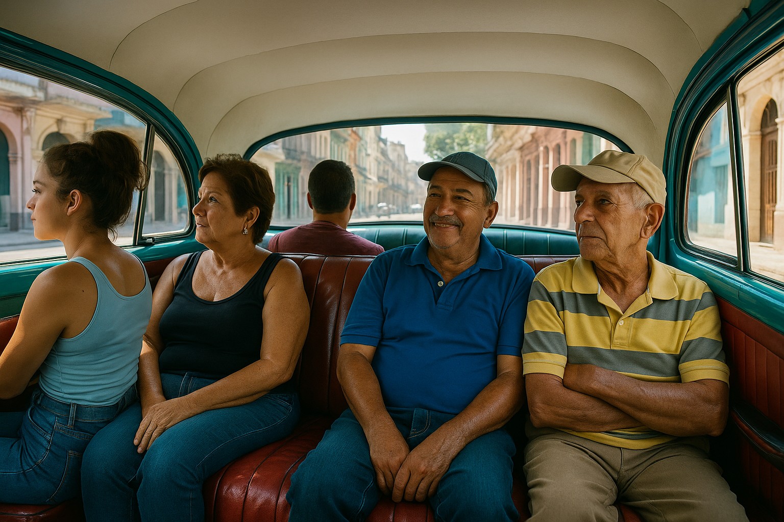 Fünf kubanische Fahrgäste sitzen auf der roten Rückbank eines türkisfarbenen Colectivo-Taxis aus den 1950er-Jahren, während durch die großen Fenster die bunten Straßen Havannas zu sehen sind.

