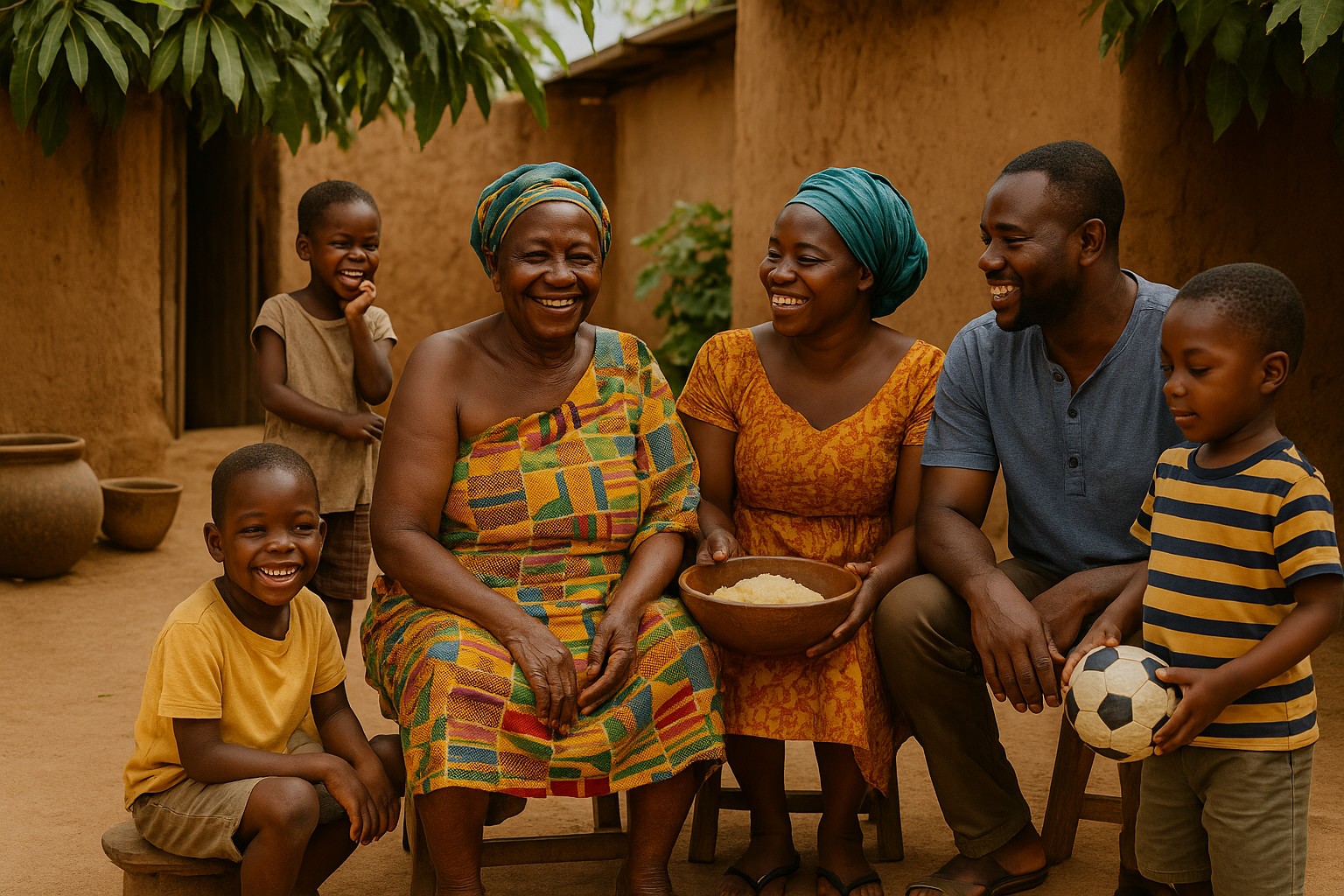 Eine ghanaische Großfamilie sitzt in einem traditionellen Hof zusammen. Die Großmutter im farbenfrohen Kente-Stoff lächelt, während die Mutter eine Holzschale mit Essen hält, der Vater lacht und Kinder um sie herum spielen, einer davon mit einem Fußball.