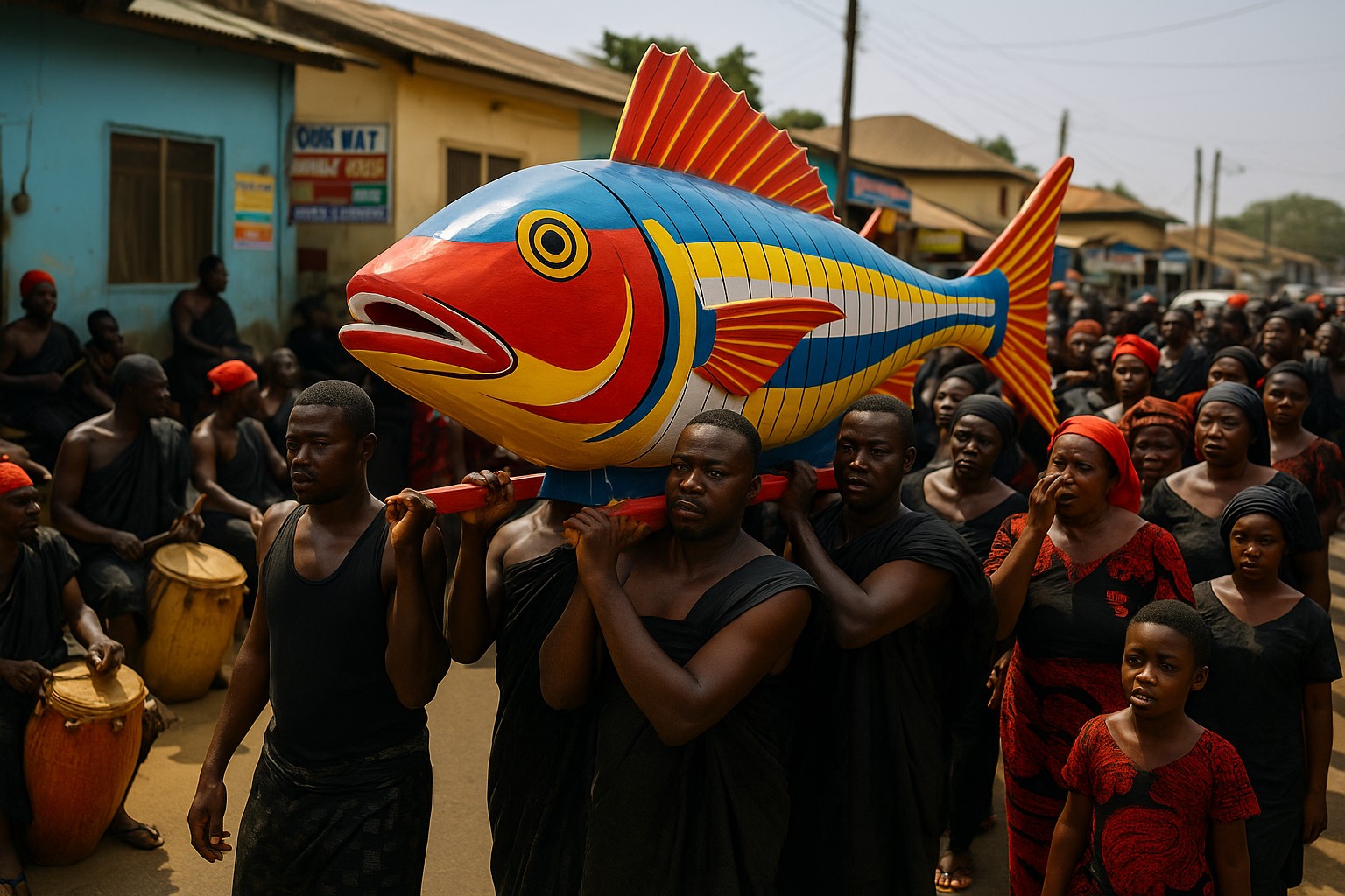 Traditioneller ghanaischer Trauerzug in Accra, bei dem vier Männer einen bunt bemalten Fischsarg tragen, während Frauen und Männer in Schwarz und Rot hinterherlaufen und Trommler am Straßenrand spielen.