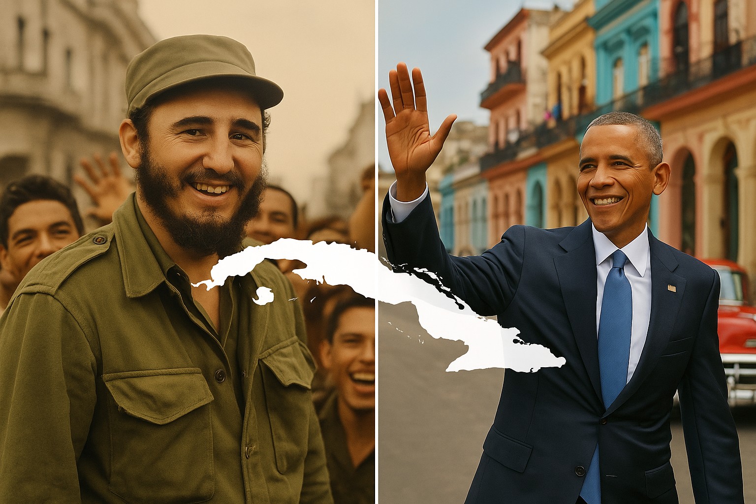 Geteiltes Bild zeigt Fidel Castro 1959 in Havanna auf der linken Seite und Barack Obama 2016 während seines historischen Kuba-Besuchs auf der rechten Seite, getrennt durch die weiße Silhouette der Insel Kuba.
