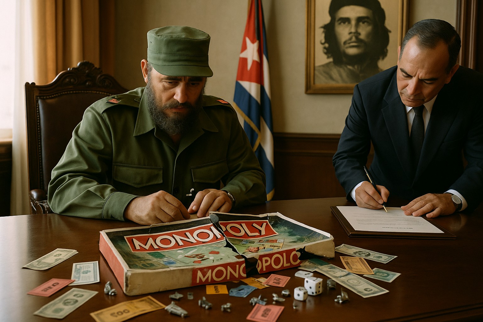 Fidel Castro sitzt an einem großen Schreibtisch im Büro, trägt seine grüne Militäruniform und betrachtet ernst ein kaputtes Monopoly-Spiel, während ein Regierungsbeamter neben ihm Dokumente unterschreibt. Im Hintergrund sind die kubanische Flagge und ein Porträt von Che Guevara zu sehen.
