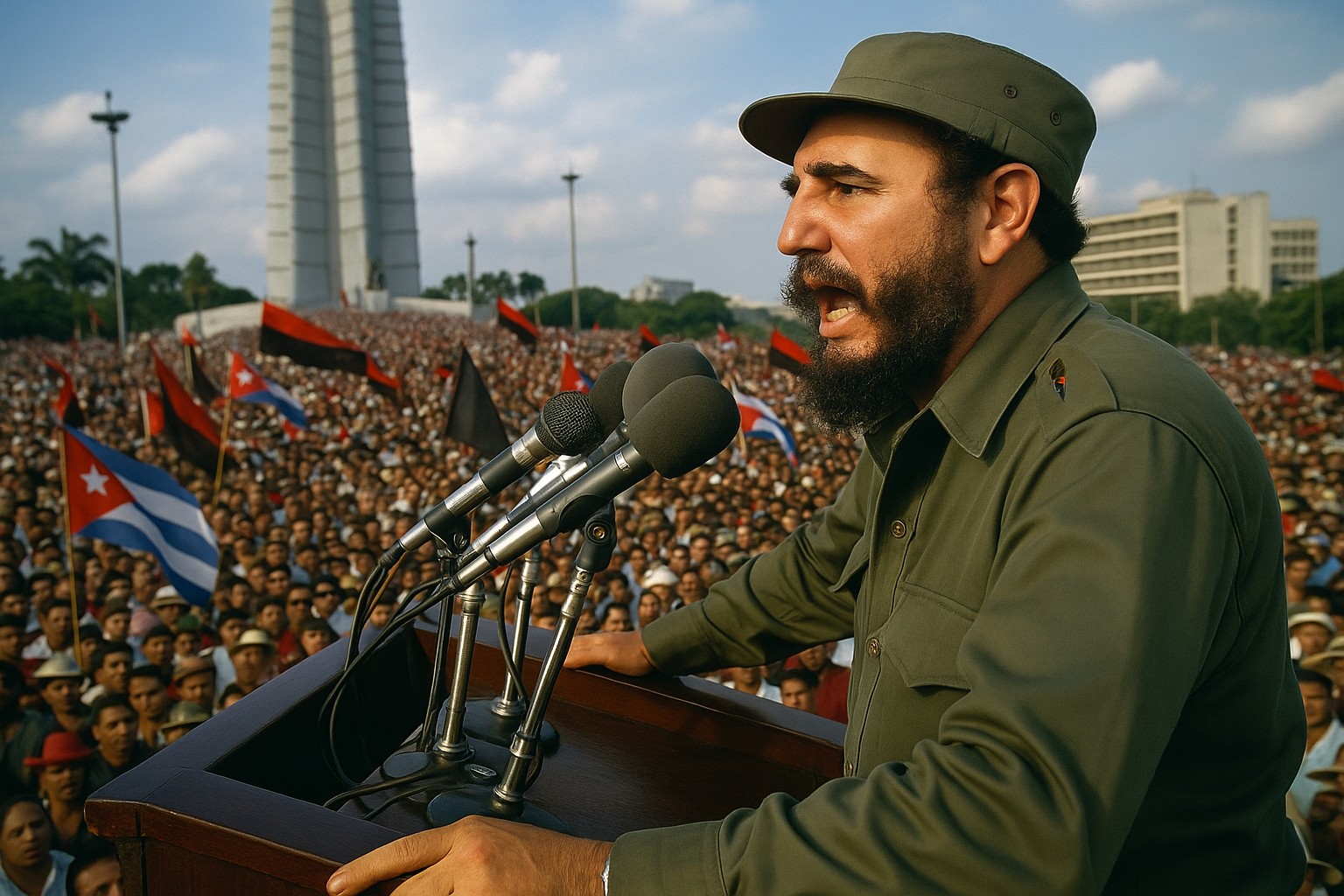Fidel Castro steht in olivgrüner Militäruniform an einem Rednerpult und spricht leidenschaftlich vor einer riesigen Menschenmenge, mit kubanischen und schwarz-roten Fahnen im Hintergrund.
