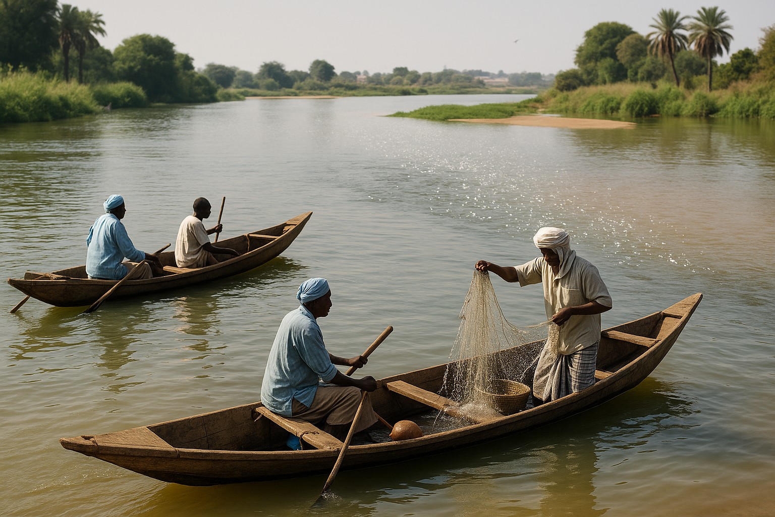 Zwei traditionelle Holzpiroggen mit Fischern fahren auf dem Zusammenfluss von Schari- und Logone-Fluss in N’Djamena, umgeben von grüner Vegetation und Palmen unter sonnigem Himmel.
