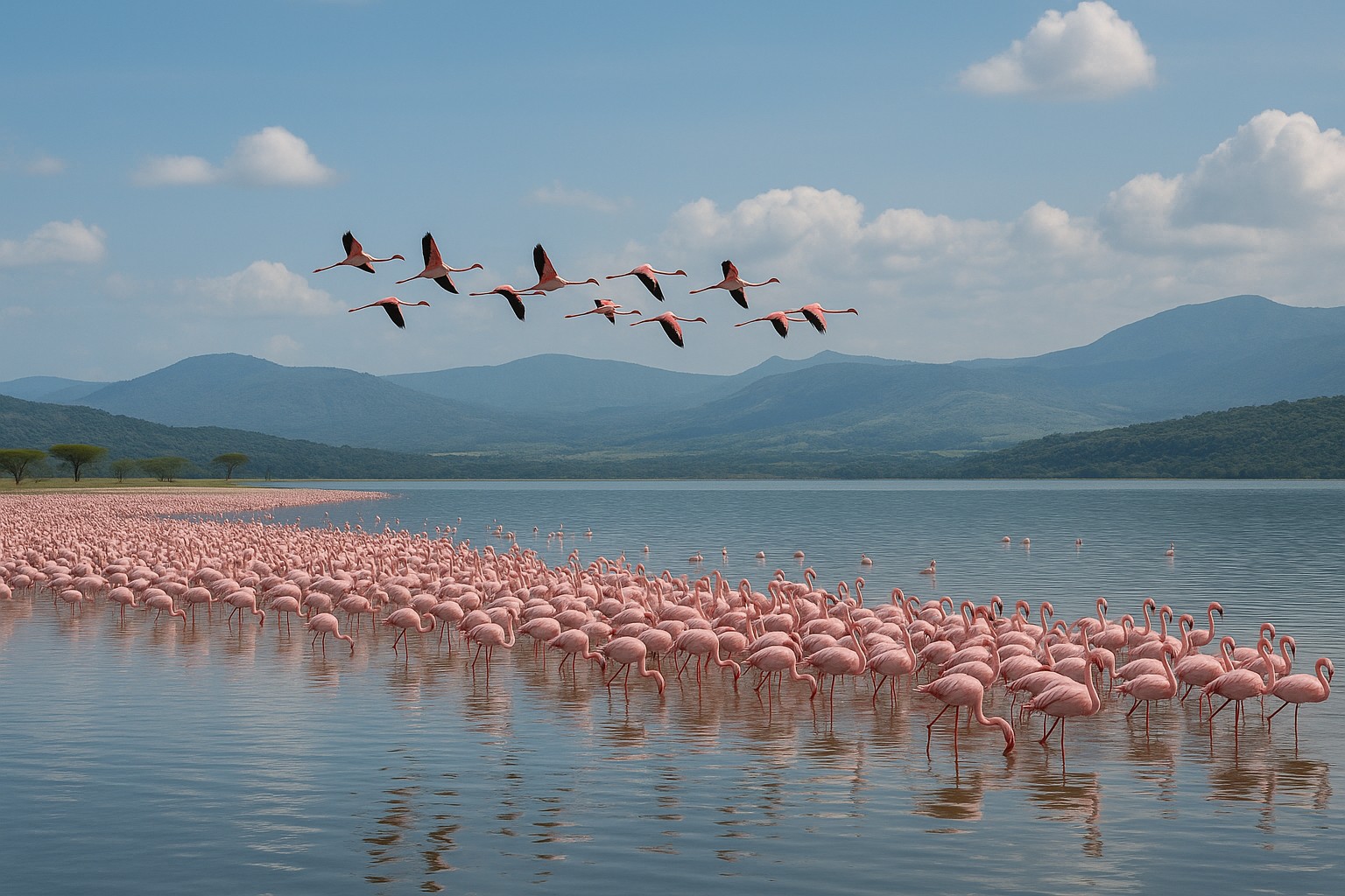 Tausende rosafarbene Flamingos stehen und fliegen über dem flachen Wasser des Lake Nakuru, umgeben von grünen Hügeln und einem wolkigen blauen Himmel im Great Rift Valley Kenias.