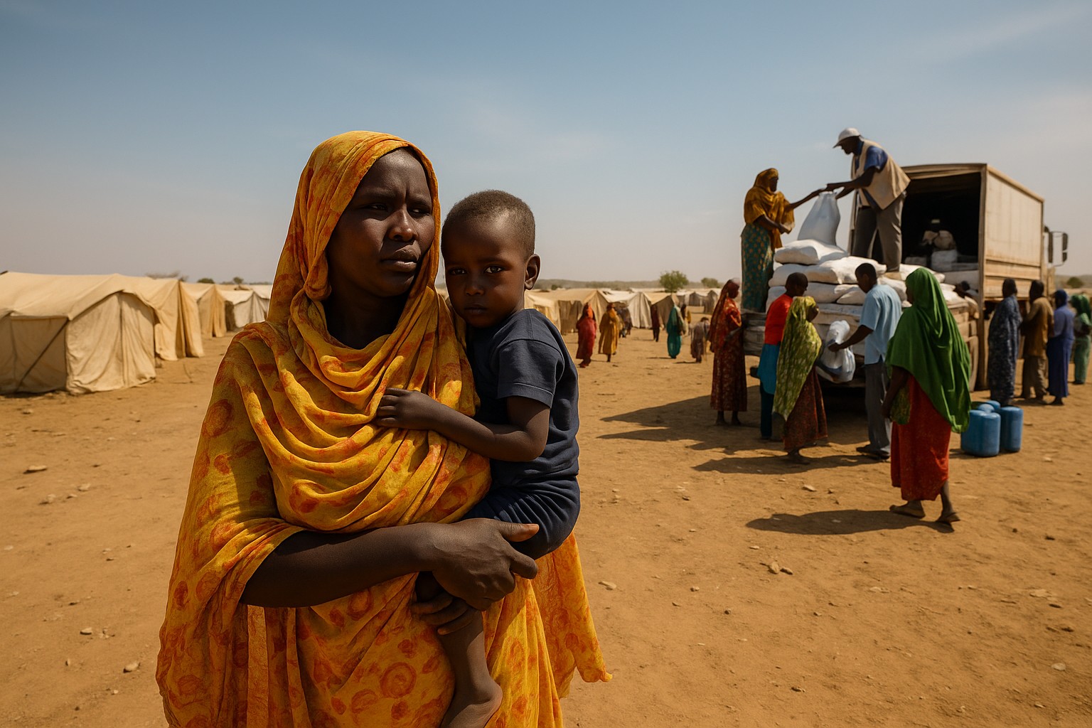 Eine sudanesische Frau in einem gelb-orange gemusterten Tuch hält ihr Kind im Arm in einem Flüchtlingslager im Osten des Tschad. Im Hintergrund werden Hilfsgüter von einem Lastwagen an eine wartende Menschenmenge verteilt, umgeben von Reihen beiger Zelte in einer trockenen, staubigen Landschaft.
