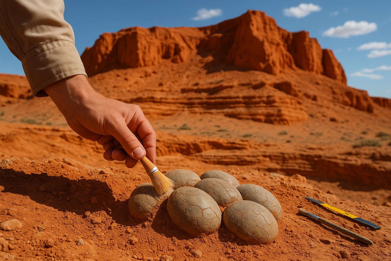 Ein Archäologe legt mit einem Pinsel vorsichtig fossile Dinosauriereier in den Flaming Cliffs der Wüste Gobi frei, im Hintergrund rötliche Sandsteinformationen und blauer Himmel.