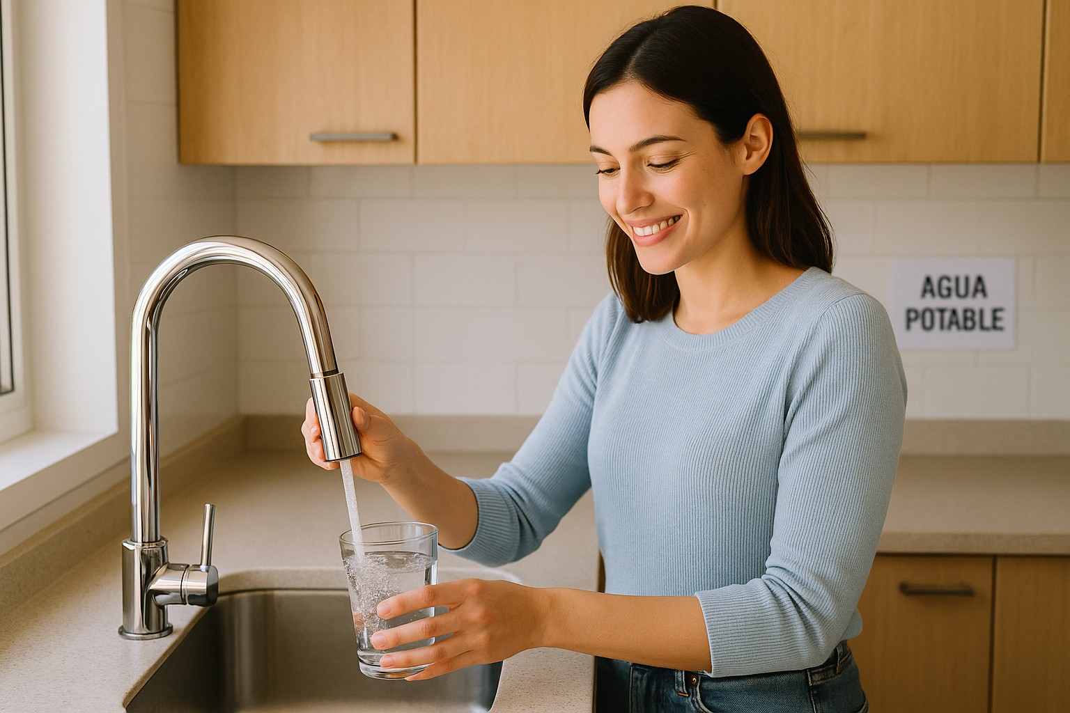 Eine junge Frau in ihren Zwanzigern füllt ein Glas mit Wasser aus einem modernen Edelstahlhahn in einer hellen Küche, im Hintergrund ein Schild mit der Aufschrift „AGUA POTABLE“.
