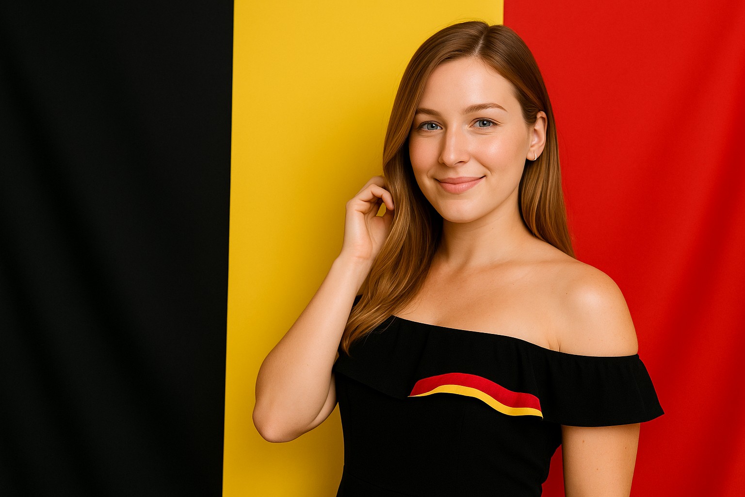 Freundliches Porträt einer jungen Belgierin vor der Flagge