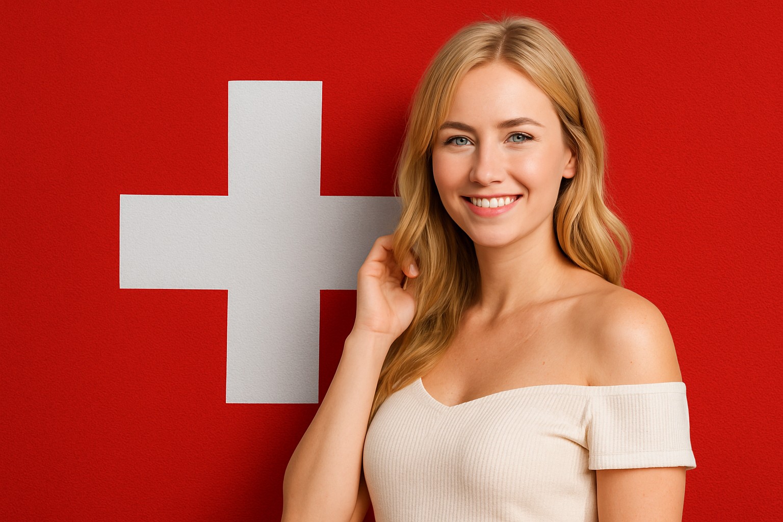 Freundliches Porträt einer jungen Schweizerin vor der Flagge
