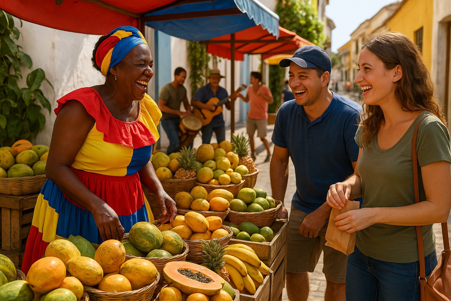 Eine afro-kolumbianische Obstverkäuferin in traditioneller, farbenfroher Kleidung lacht herzlich mit zwei Kunden auf einem belebten Markt in Kolumbien, umgeben von Körben voller tropischer Früchte und Straßenmusikern im Hintergrund.