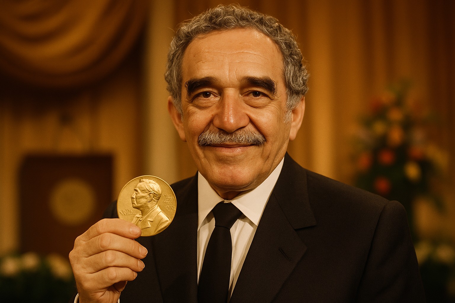 Ein kolumbianischer Schriftsteller Gabriel García Márquez hält bei der Nobelpreisverleihung 1982 stolz seine Medaille, im Hintergrund goldene Vorhänge und Blumendekoration.