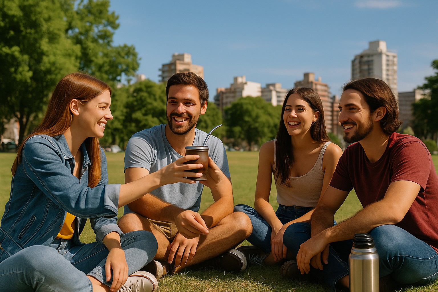 Vier junge Erwachsene sitzen entspannt auf einer grünen Wiese in Montevideo und teilen sich ein traditionelles Mate-Getränk, während sie lachen und die Sonne genießen.