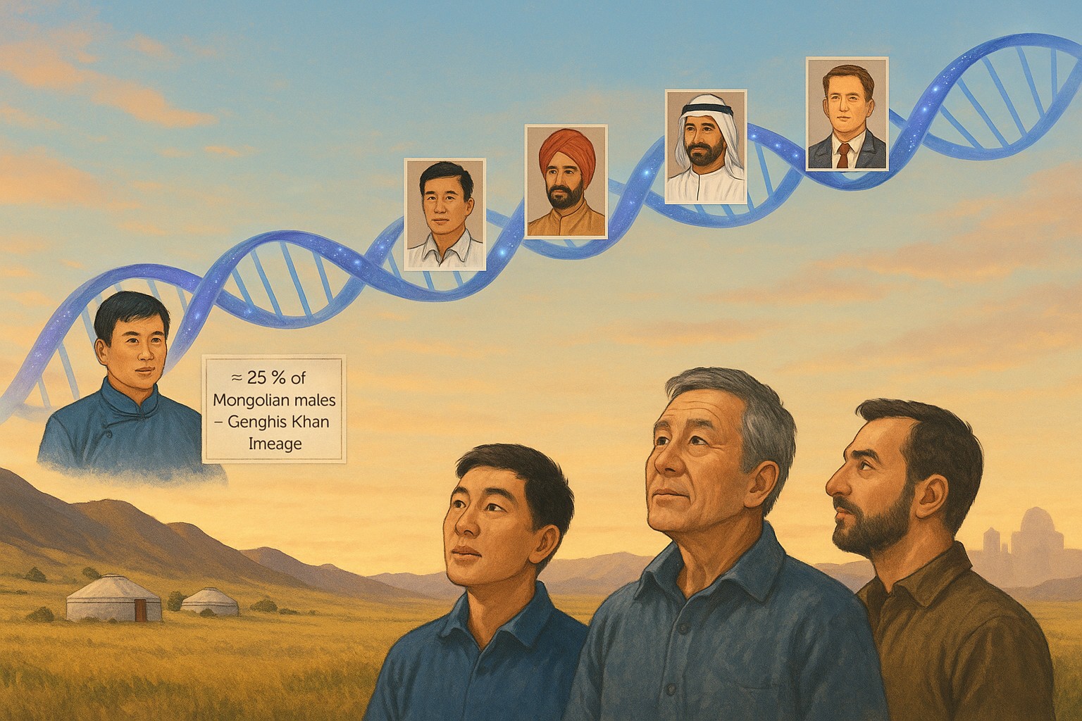 Eine digitale Illustration zeigt eine DNA-Doppelhelix, die sich über eine mongolische Steppe erstreckt, mit Porträts von Männern unterschiedlicher Ethnien, die auf ihre genetische Verbindung hinweisen.
