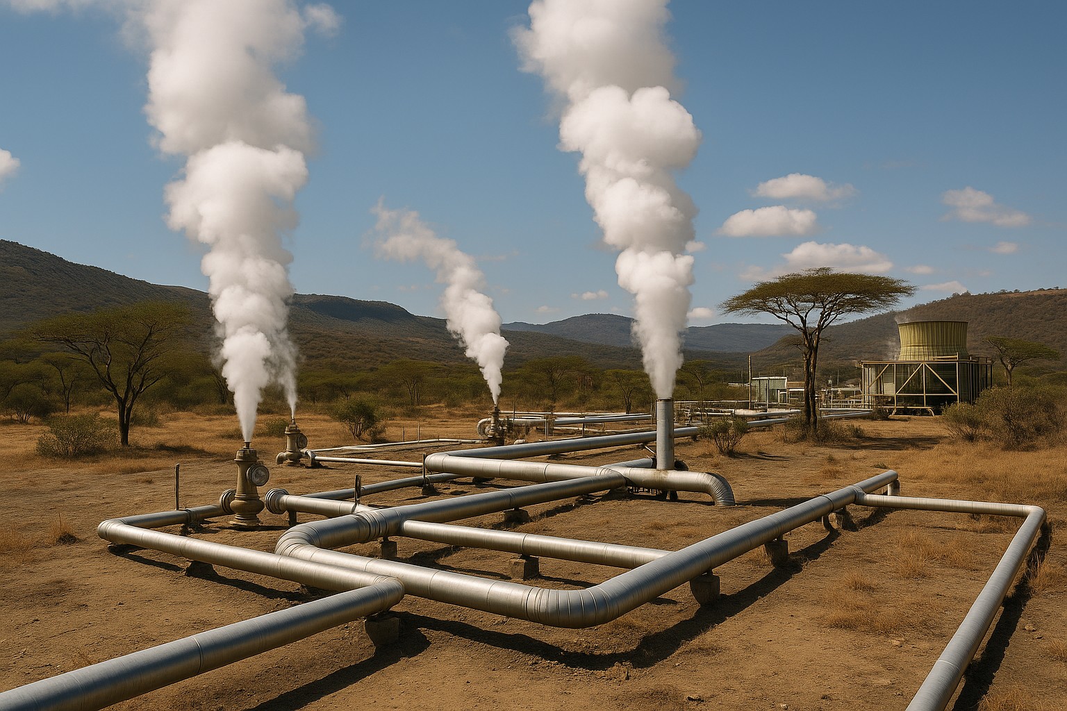 Geothermalkraftwerk in Kenia mit Dampfsäulen, die aus mehreren Bohrungen aufsteigen, verbunden durch silberne Rohre in einer trockenen Savannenlandschaft mit Akazienbäumen und Hügeln im Hintergrund.