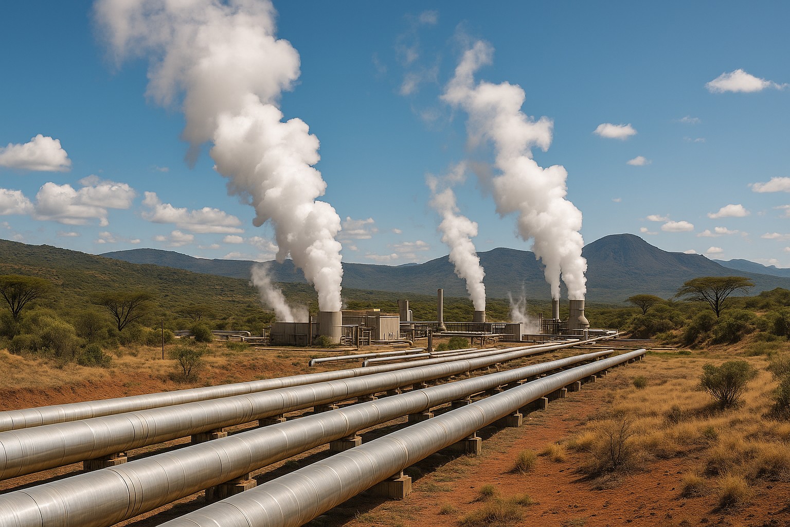 Geothermalkraftwerk Olkaria im kenianischen Rift Valley mit langen silbernen Rohrleitungen im Vordergrund, aus denen mehrere hohe Dampfsäulen in den blauen Himmel aufsteigen, umrahmt von Akazienbäumen und Hügeln.