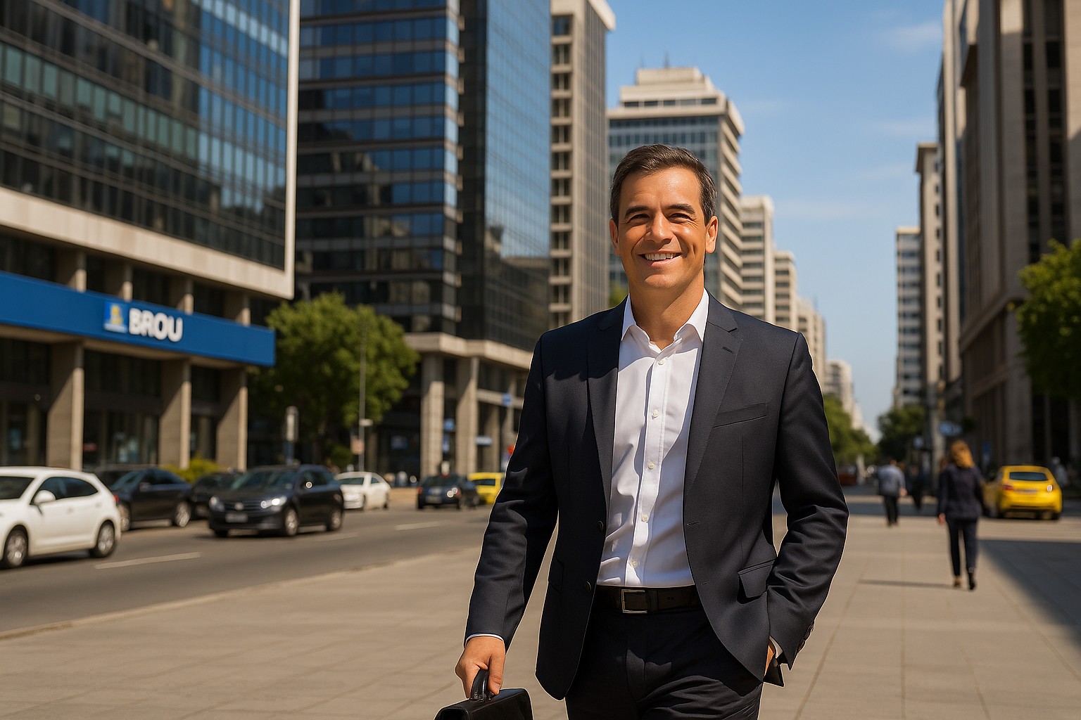 Ein lächelnder Geschäftsmann im Anzug geht mit einer Aktentasche durch das Finanzviertel von Montevideo, umgeben von modernen Hochhäusern und belebten Straßen.
