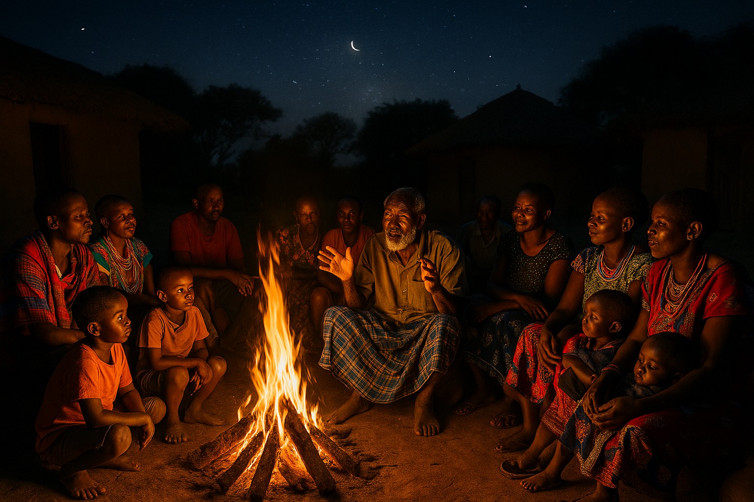Ein kenianischer Geschichtenerzähler sitzt inmitten einer Dorfgemeinschaft um ein Lagerfeuer und erzählt Kindern und Erwachsenen eine Geschichte, während das Feuer ihre Gesichter erleuchtet.