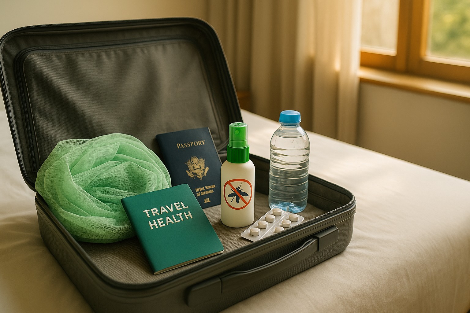 Ein offener Koffer liegt auf einem Bett, darin befinden sich ein Reisepass, eine grüne Moskitonetzrolle, ein Insektenschutzspray, ein Blister Medikamente, eine Wasserflasche und ein kleines Heft mit der Aufschrift „Travel Health“.