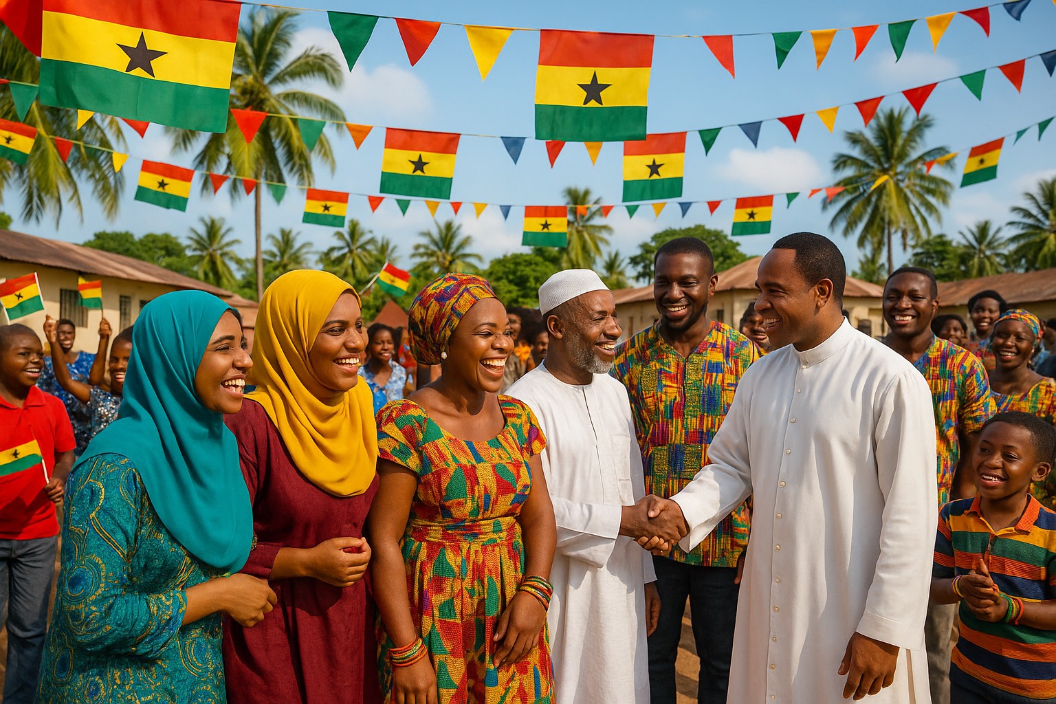 Eine multikulturelle Feier in Ghana zeigt Frauen in bunten Kente-Kleidern, muslimische Frauen mit Hijabs, einen Imam in weißem Gewand und einen christlichen Priester, die sich die Hand geben, während Kinder mit ghanaischen Flaggen jubeln.