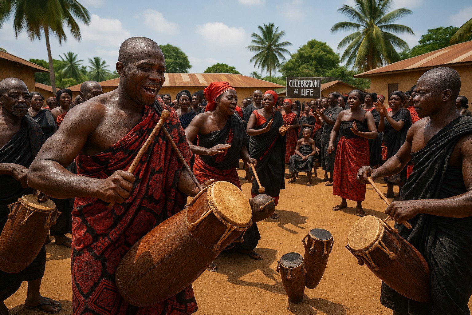Traditionelle ghanaische Beerdigung mit Trommlern und Trauernden in Schwarz-Rot, die tanzen und klatschen, während Männer auf Talking Drums spielen.