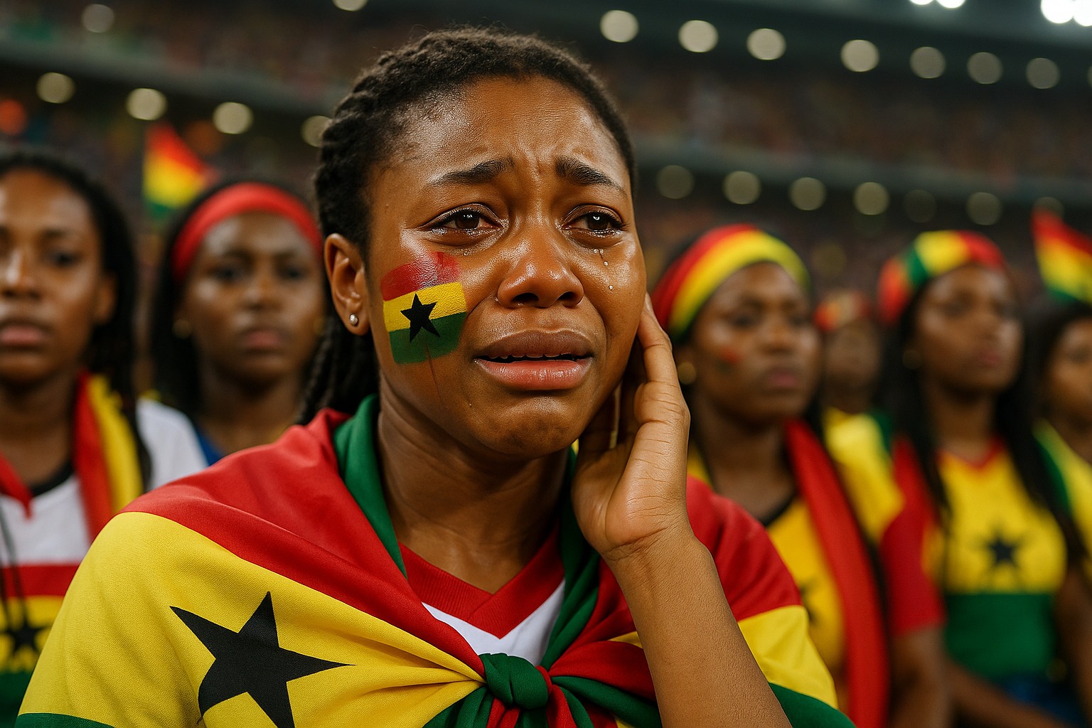 Eine junge ghanaische Fußballfanin mit bemaltem Gesicht in den Farben der ghanaischen Flagge weint im Stadion, während hinter ihr weitere enttäuschte Fans in Nationalfarben zu sehen sind.