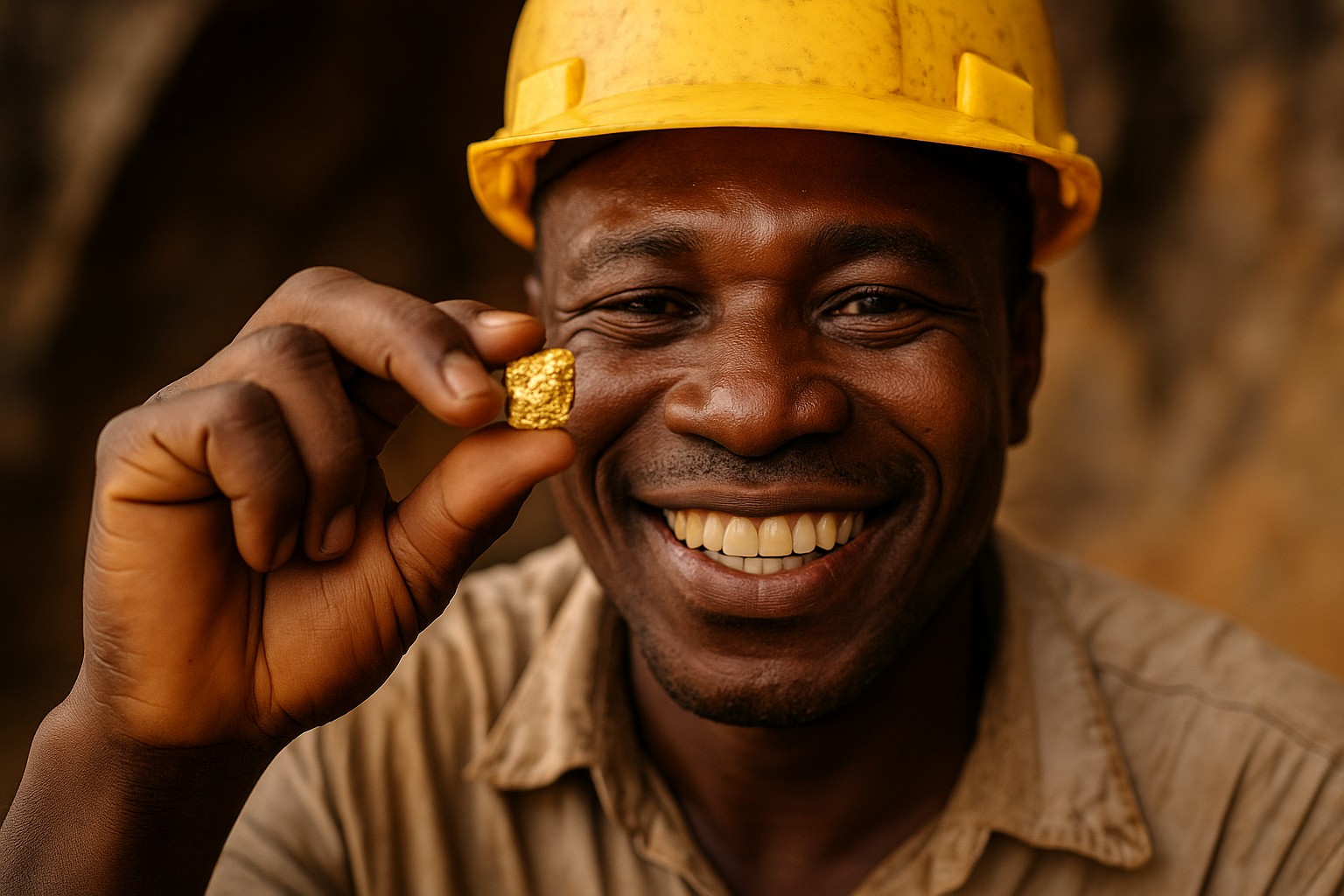 Nahaufnahme eines ghanaischen Goldminenarbeiters mit gelbem Schutzhelm, der lächelnd ein kleines, glänzendes Goldstück zwischen Daumen und Zeigefinger vor sein Gesicht hält.