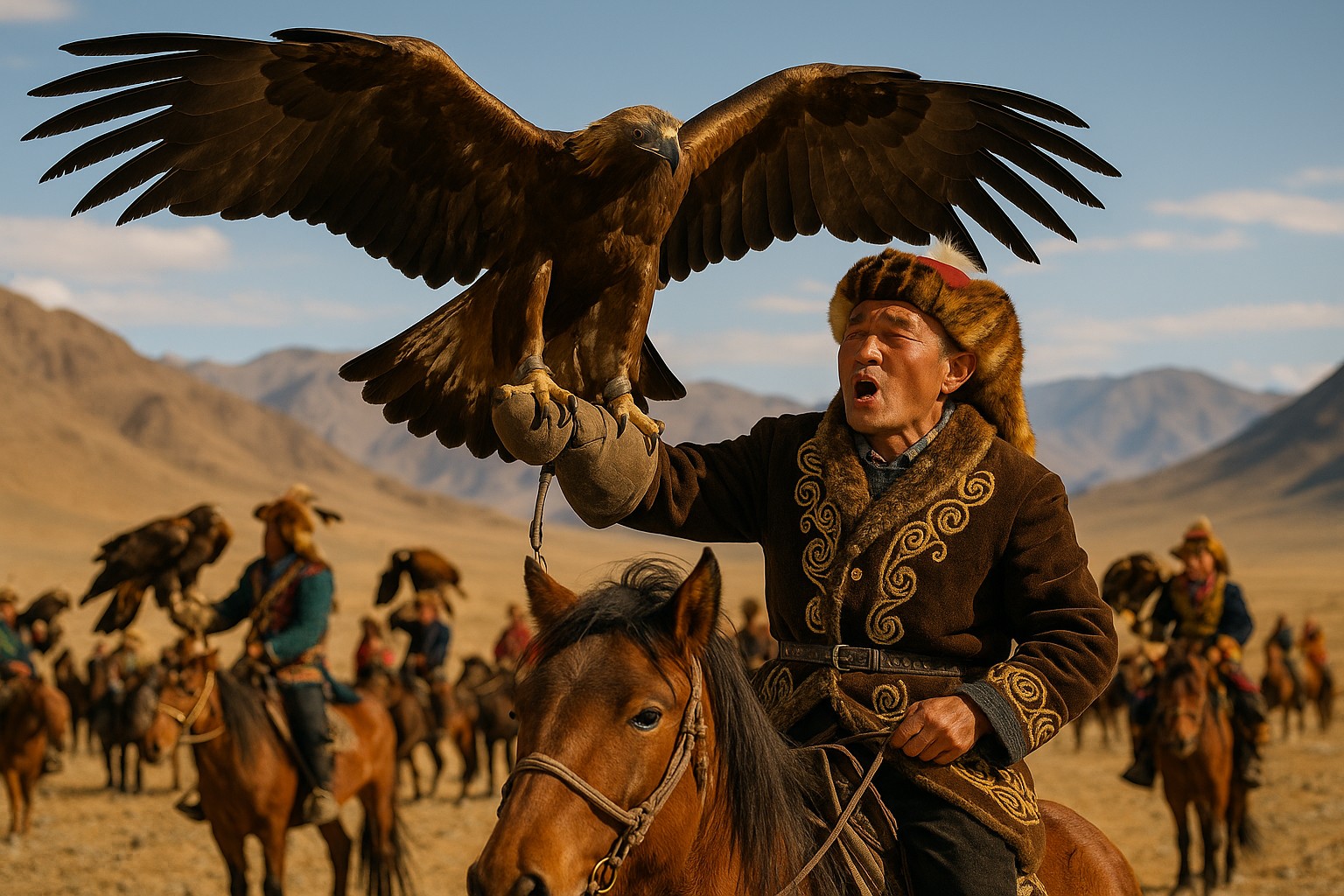 Ein kasachischer Adlerjäger beim Goldenen Adler Festival in der Mongolei, auf einem Pferd sitzend, mit einem majestätischen Steinadler auf dem Arm, umgeben von weiteren Jägern in traditioneller Kleidung.
