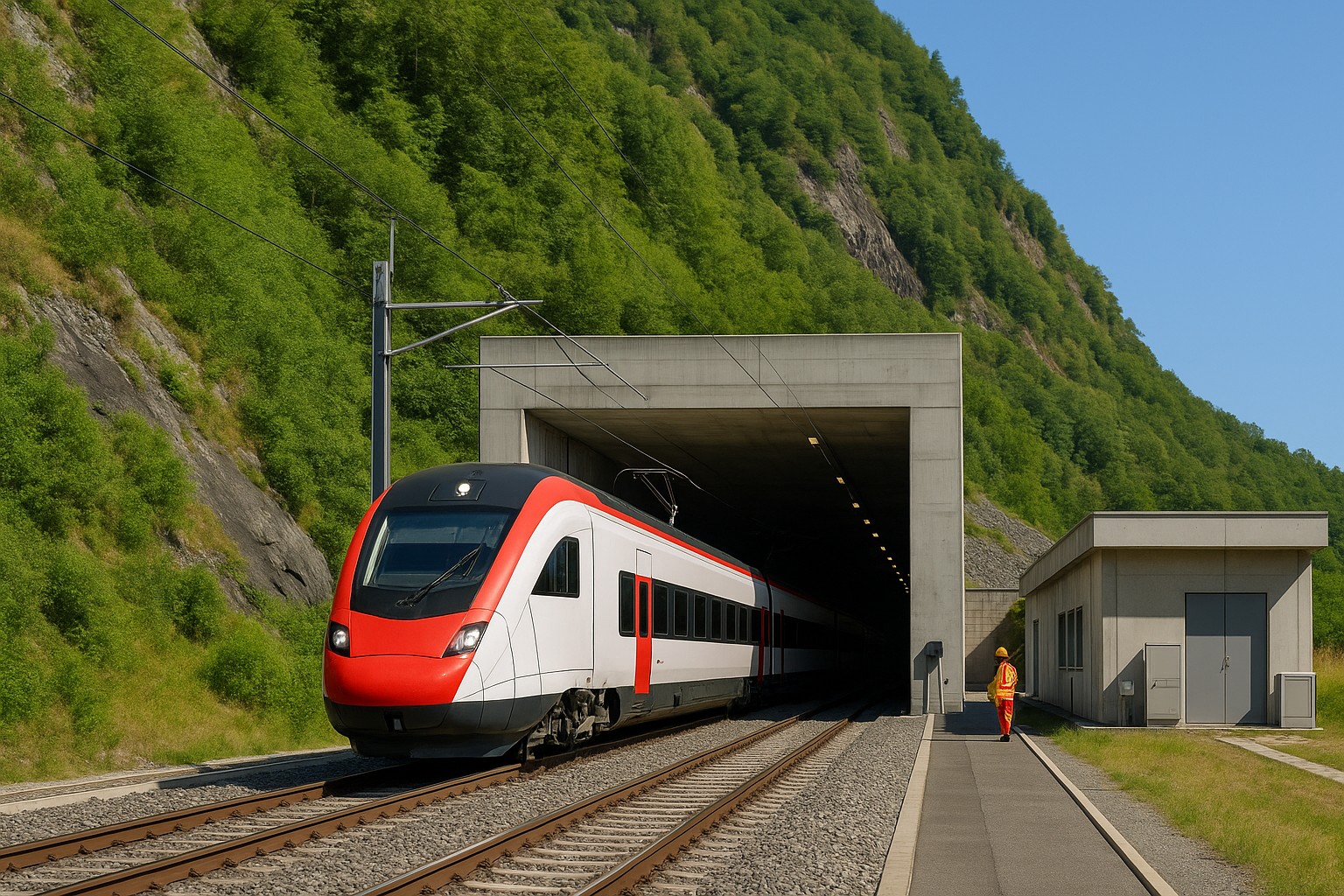 Ein hochauflösendes Foto des Gotthard-Basistunnels in der Schweiz zeigt den modernen Eingang mit klarer Beschilderung, Eisenbahnschienen und den dramatischen Alpenhintergrund.