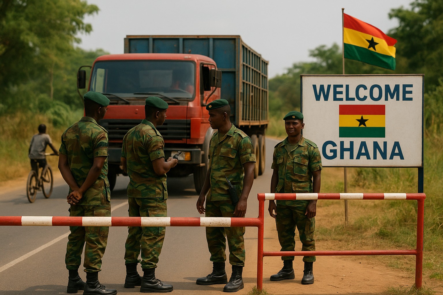 Ein Foto zeigt einen ghanaischen Grenzposten nahe Burkina Faso. Ghanaische Soldaten in offizieller Uniform kontrollieren eine Lastwagenladung, während ein Fahrer mit Dokumenten wartet. Eine ghanaische Flagge weht neben einem Schild auf Englisch „Welcome to Ghana“. Die Szene vermittelt Ruhe, aber auch Wachsamkeit.