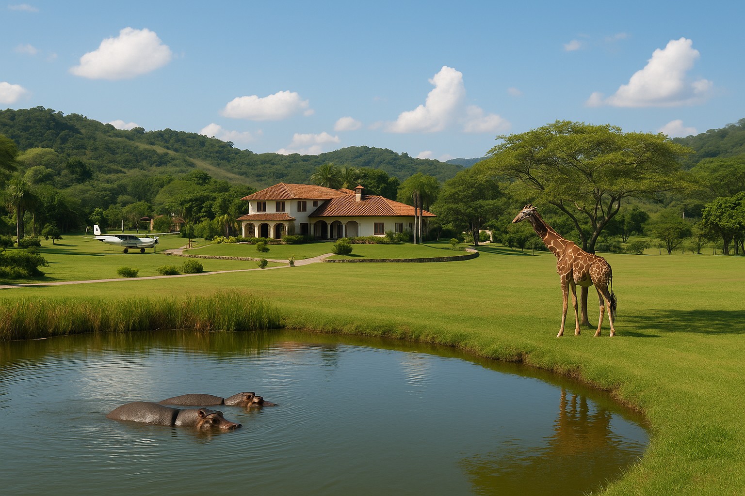 Ein weitwinkliges Foto der Hacienda Nápoles in den 1980ern zeigt ein kolonial anmutendes Haus mit Terrakottadach, einen kleinen Flugstreifen mit Propellerflugzeug, einen Teich mit zwei Flusspferden und eine Giraffe, eingebettet in sanft grüne Hügel unter blauem Himmel.
