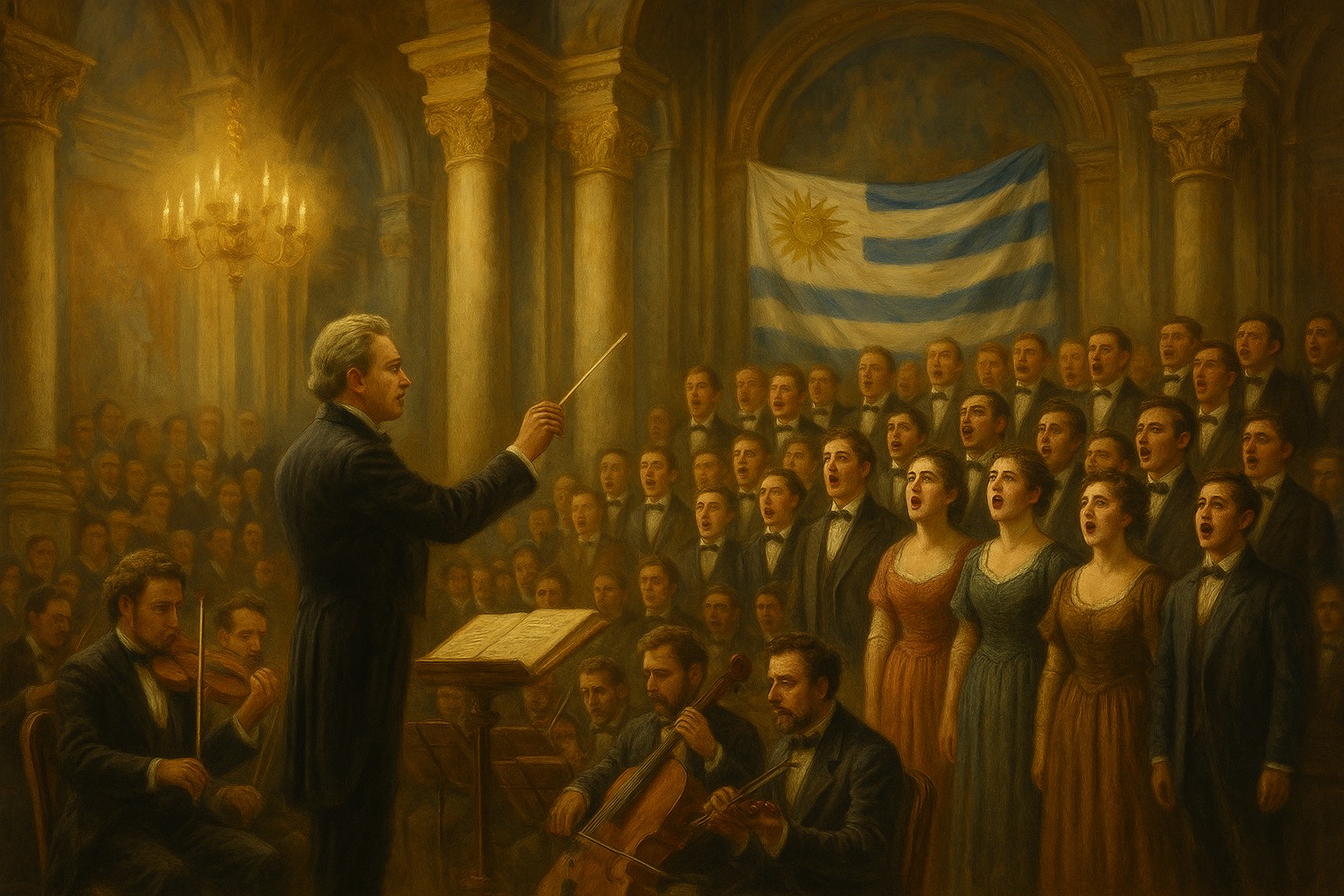 Historische Darstellung eines Chorkonzerts im 19. Jahrhundert in Montevideo, mit einem Dirigenten vor Orchester und Chor in eleganter Kleidung der Epoche, während im Hintergrund die Flagge Uruguays hängt.