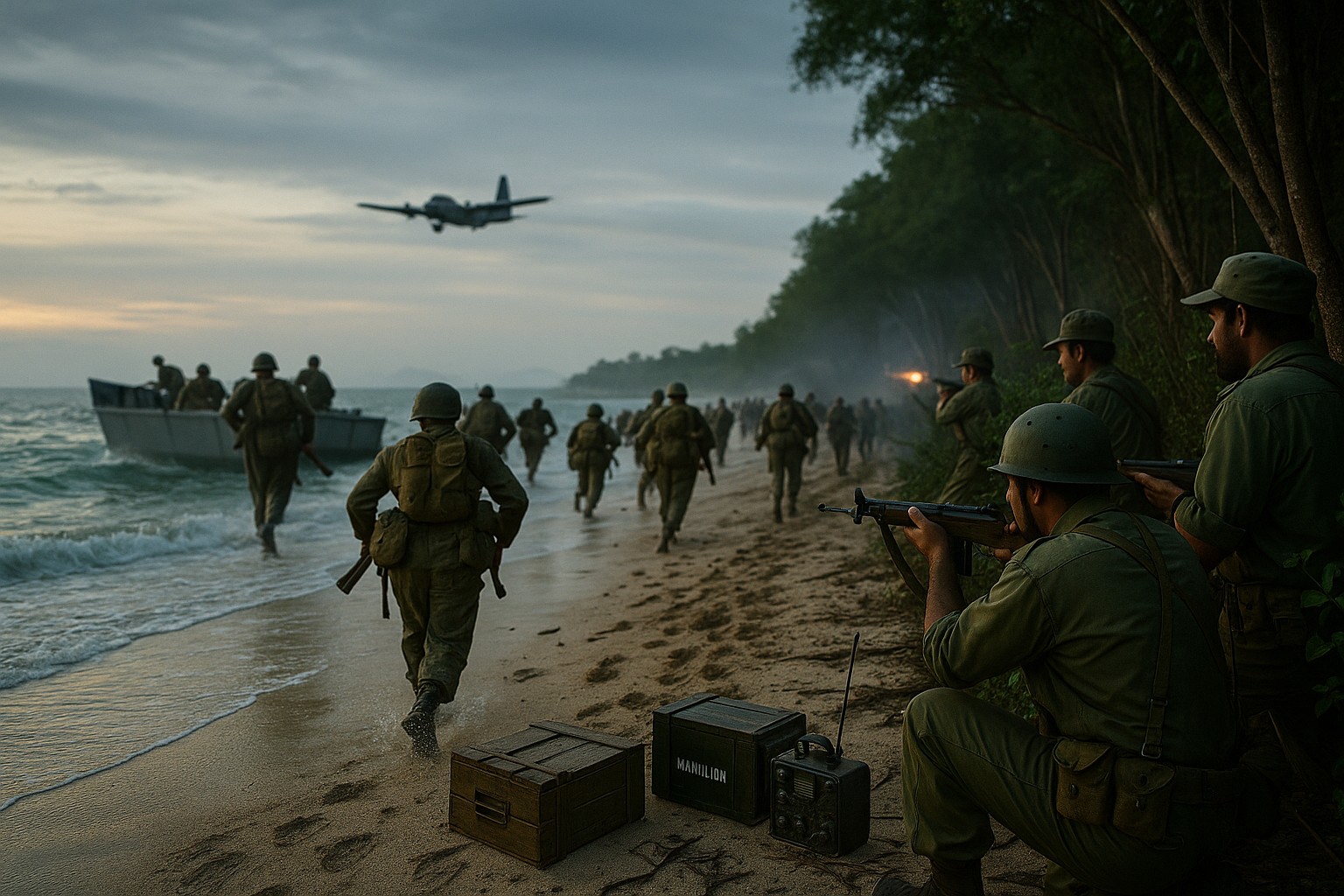 Farbfotografie einer historischen Szene der Invasion in der Schweinebucht 1961 in Kuba – kubanische Soldaten und Milizionäre rücken am Strand vor, während Rauch und Trümmer den Hintergrund füllen.
