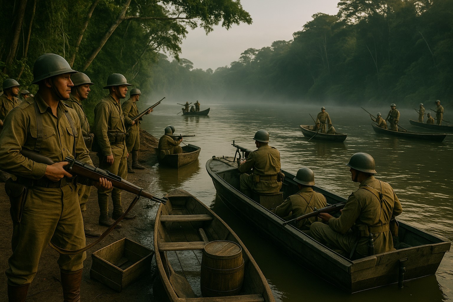 Historische Szene aus dem Jahr 1932 mit kolumbianischen und peruanischen Soldaten an einem nebligen Amazonasfluss, bewaffnet und in Militäruniformen, bereit für eine Patrouille in Holzbooten.