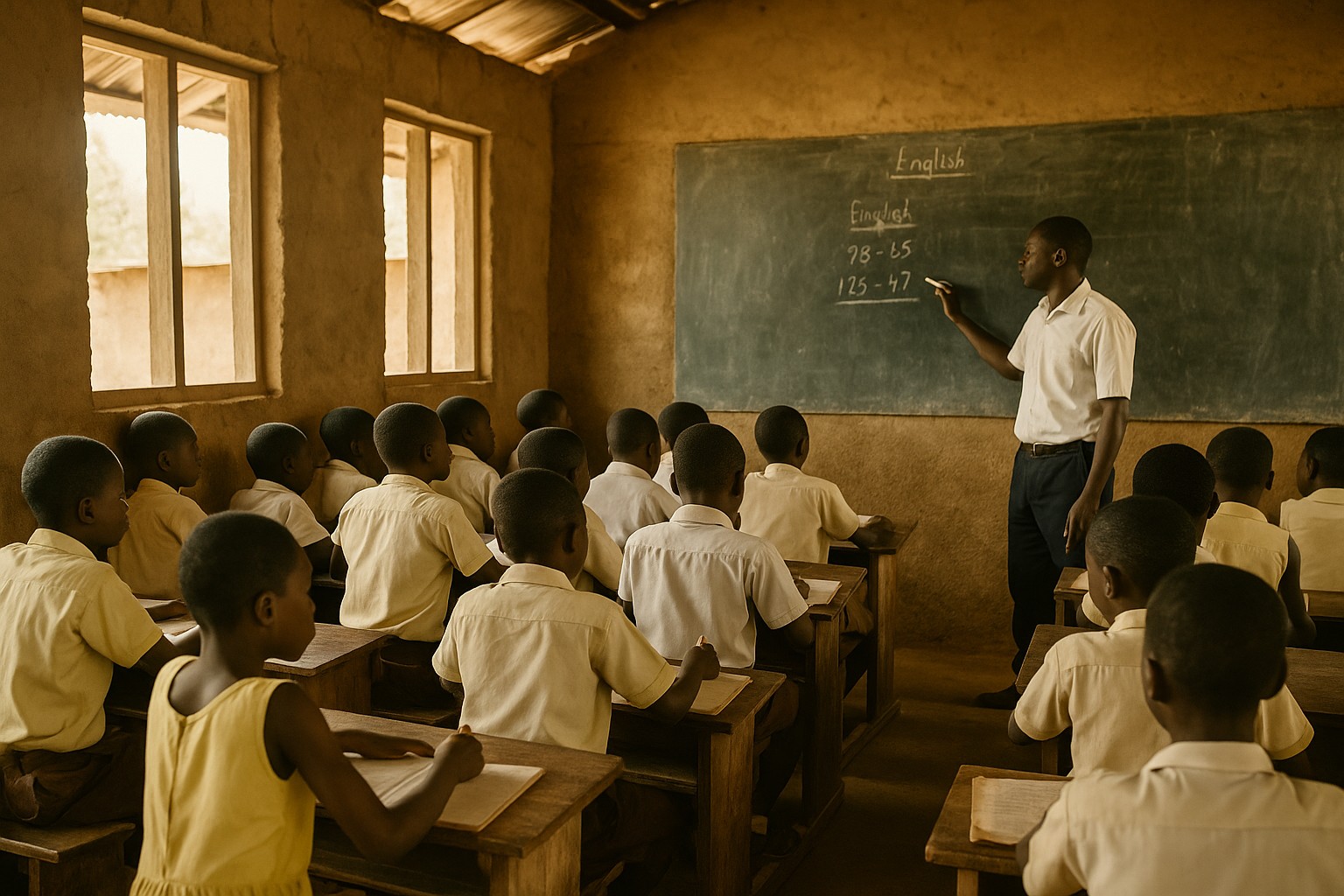 Ein historisches Foto zeigt ein ghanaisches Klassenzimmer in den 1960er-Jahren, kurz nach der Einführung der kostenlosen Schulbildung durch Präsident Kwame Nkrumah. Kinder in Schuluniformen sitzen an einfachen Holzbänken, während ein Lehrer vorne am schwarzen Brett unterrichtet.