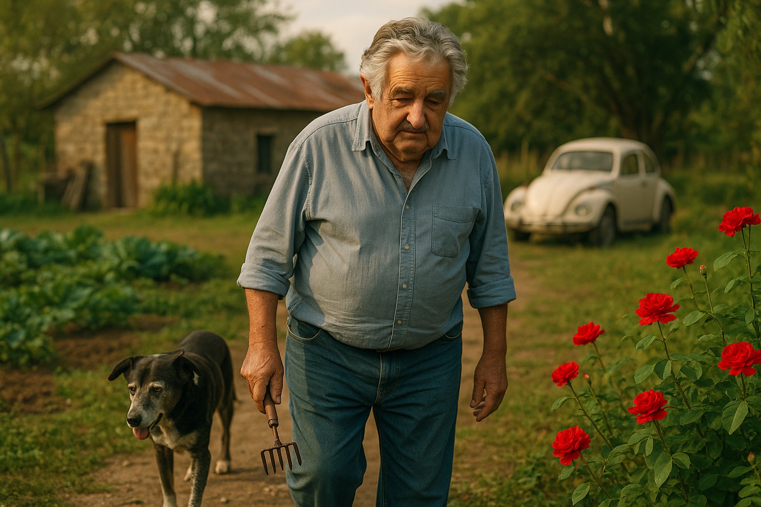 José „Pepe“ Mujica, ehemaliger Präsident Uruguays, arbeitet in seiner bescheidenen Farm, begleitet von seiner Hündin Manuela, mit einem weißen VW Käfer und einem einfachen Bauernhaus im Hintergrund.