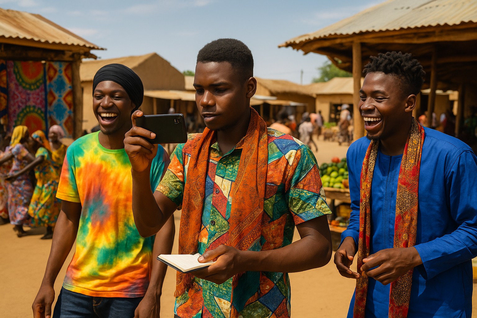 Drei junge Männer in traditioneller und farbenfroher Kleidung filmen und lachen auf einem belebten afrikanischen Dorfmarkt, während im Hintergrund Frauen tanzen und Marktstände sichtbar sind.
